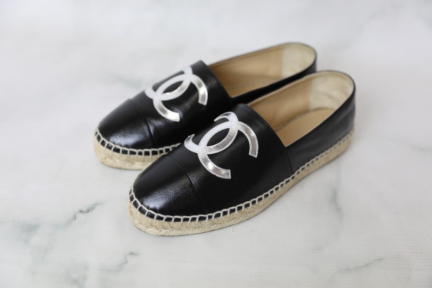 Chanel Shoes Espadrilles, Black with Silver CC, Size 38, New in Box WA001