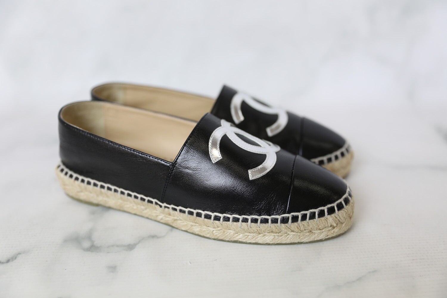 Chanel Shoes Espadrilles, Black with Silver CC, Size 38, New in Box WA001