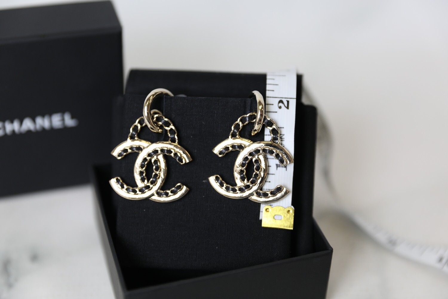 Chanel Black/Gold Leather and Chain Entwined CC Hoop Earrings - Yoogi's  Closet