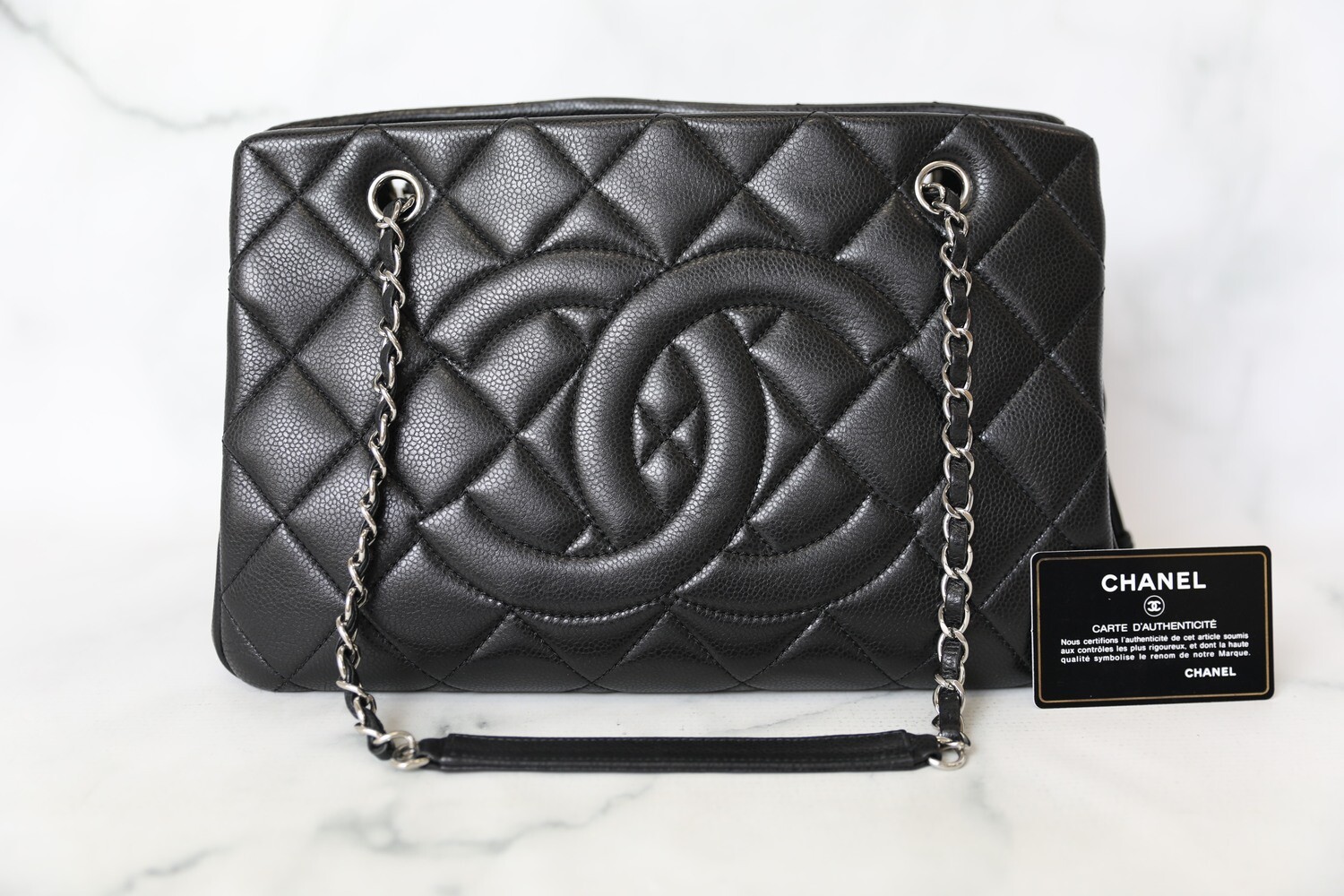 Chanel GST Shopping Tote, Black Caviar with Silver Hardware, Preowned in Box WA001