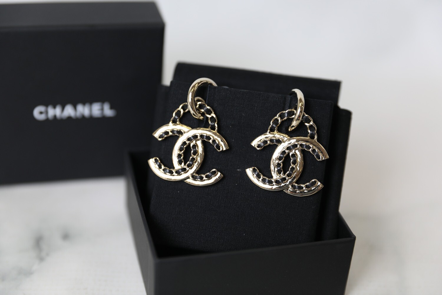 Chanel Earrings, Drop CC with Black leather Threaded, New in Box WA001