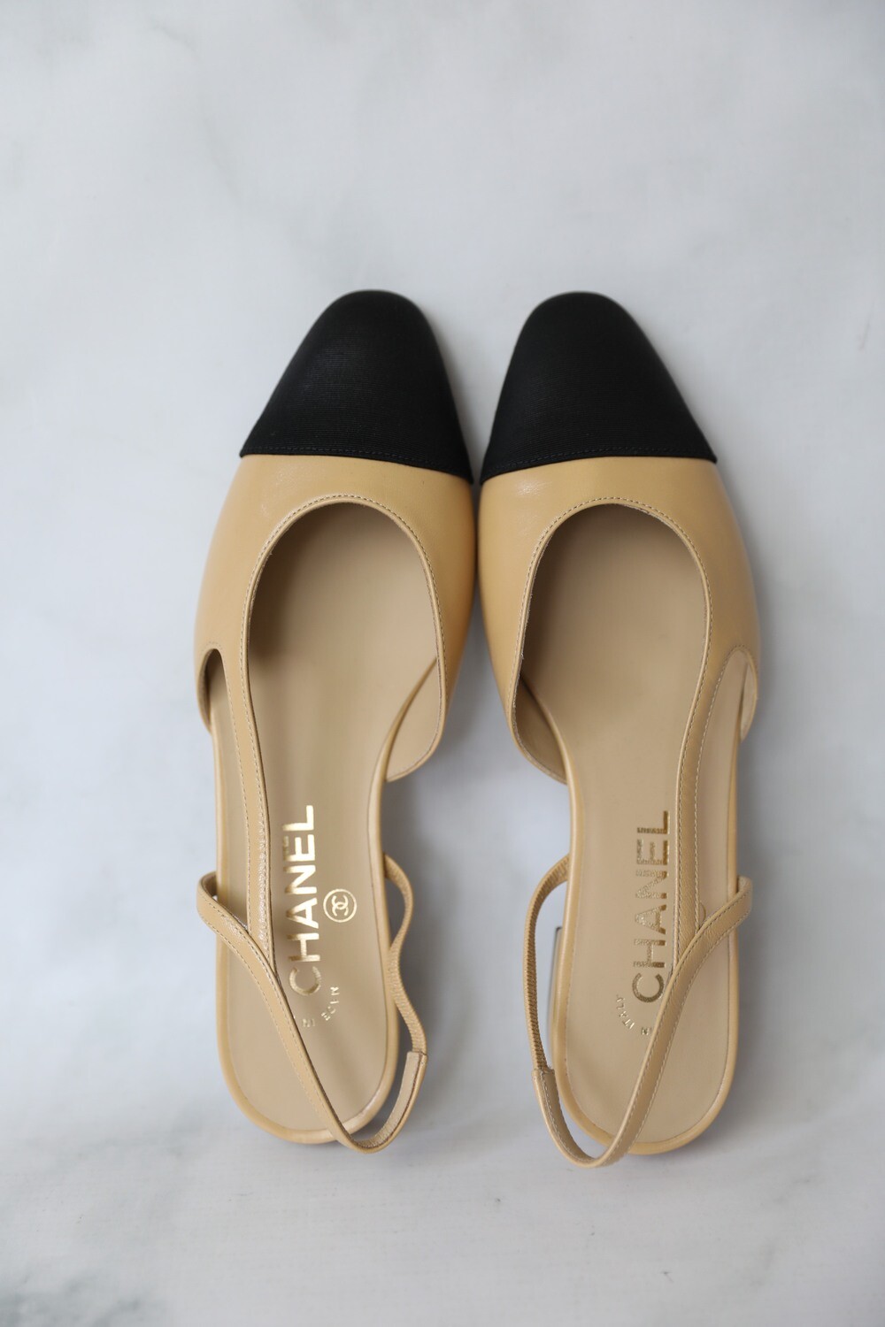 Chanel Shoes Slingback Flats, Beige and Black, Size 38.5, As New in Box  WA001