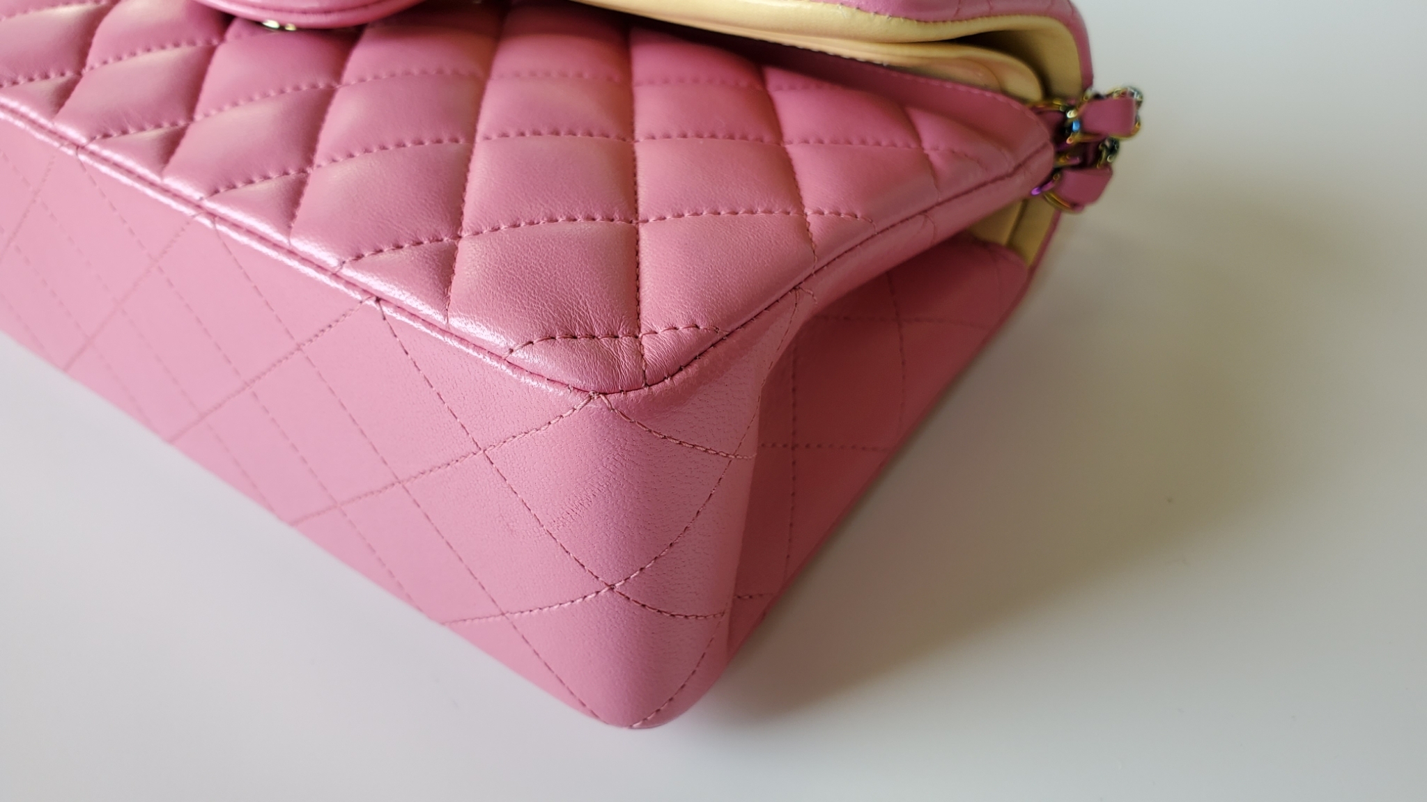 Chanel Classic Small, Pink Lambskin with Rainbow Hardware, Preowned in Box  WA001