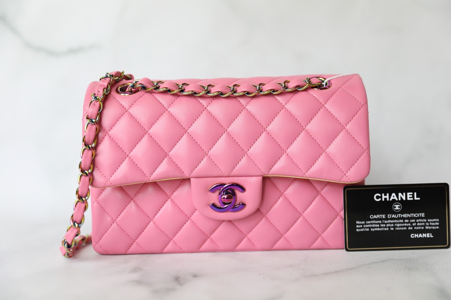 Chanel Classic Small, Pink Lambskin with Rainbow Hardware, Preowned in Box  WA001