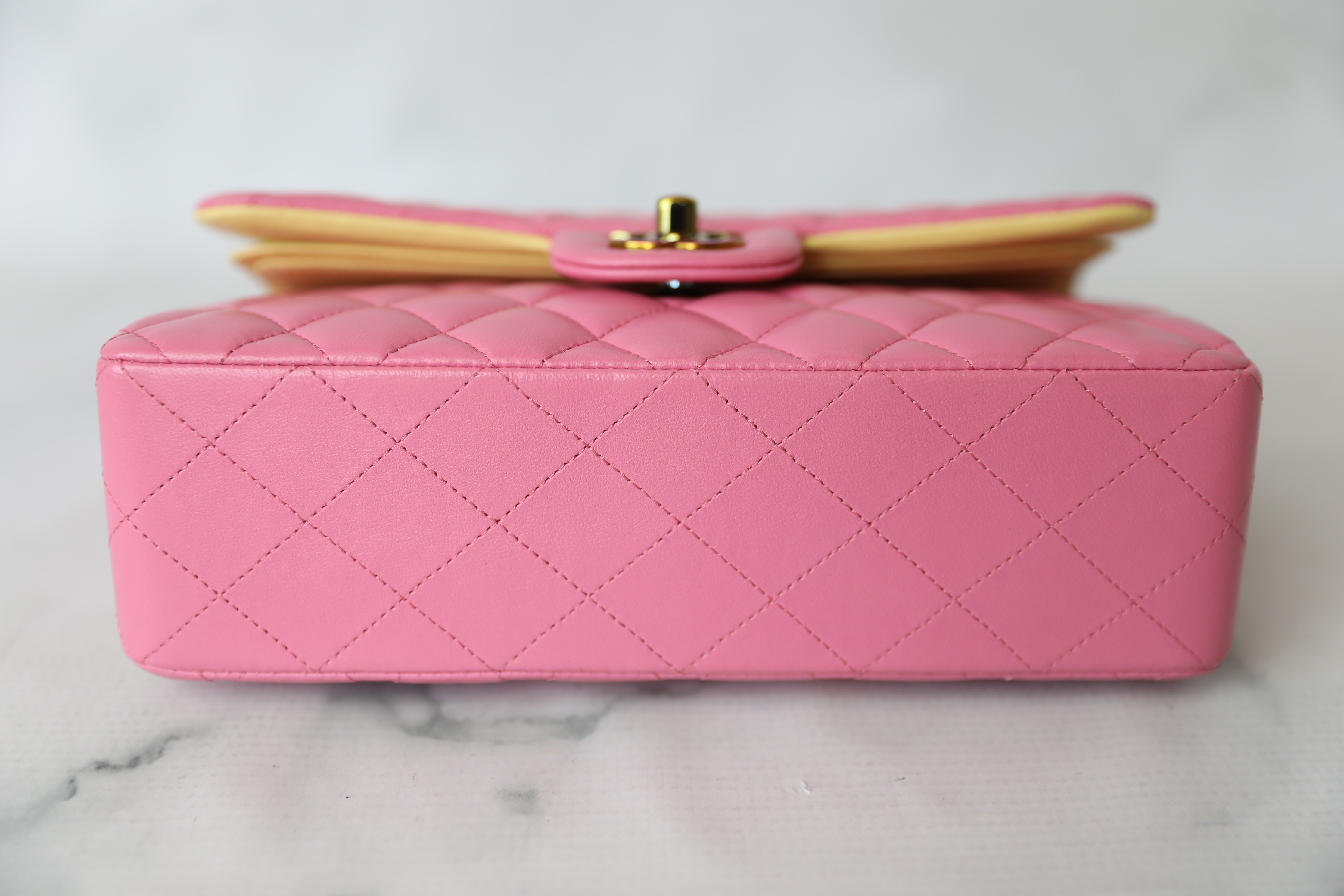 Chanel Classic Small, Pink Lambskin with Rainbow Hardware, Preowned in Box  WA001