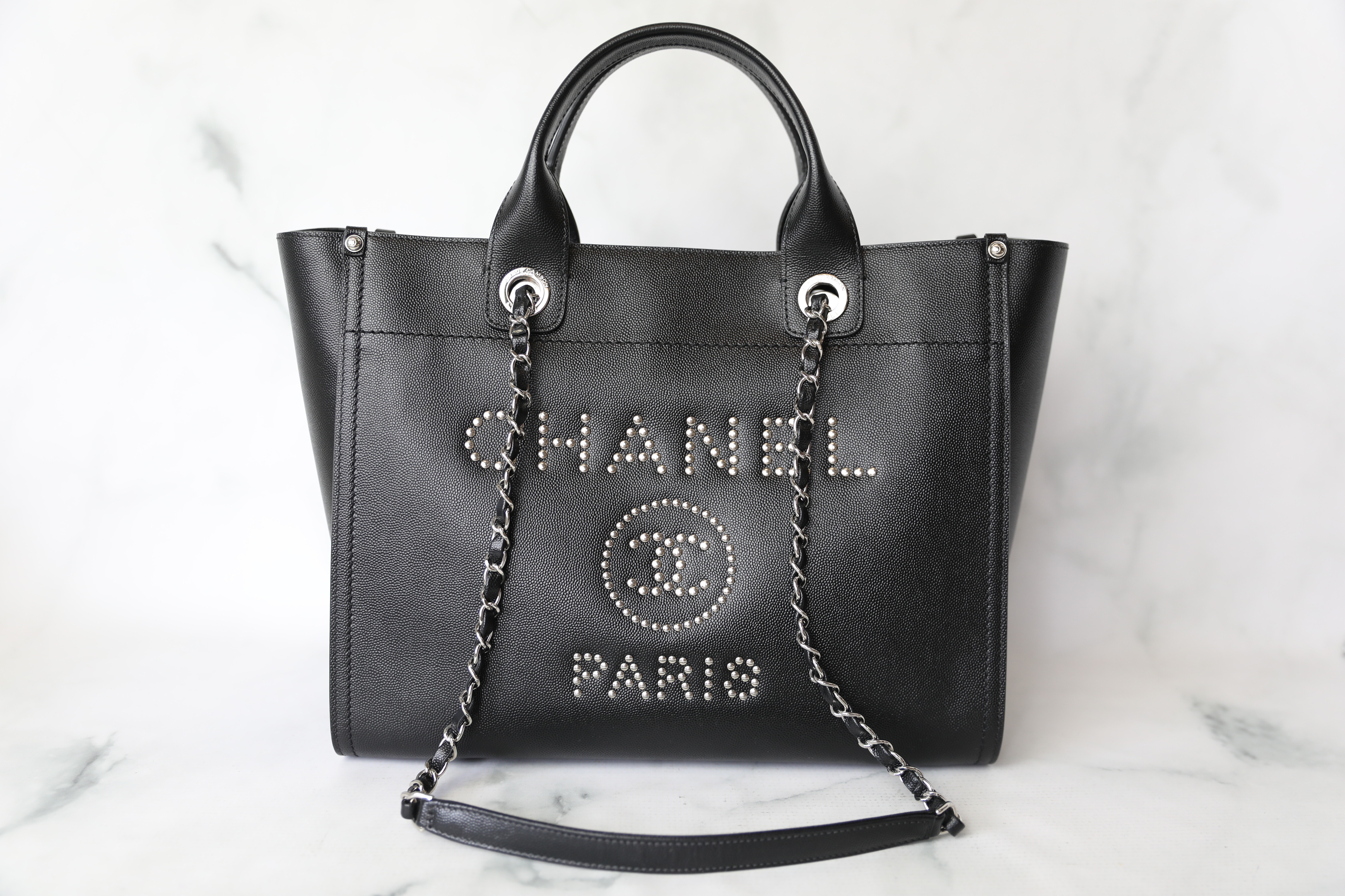 Chanel Leather Deauville Small, Black Caviar Leather with Silver Hardware,  Preowned in Dustbag WA001 - Julia Rose Boston
