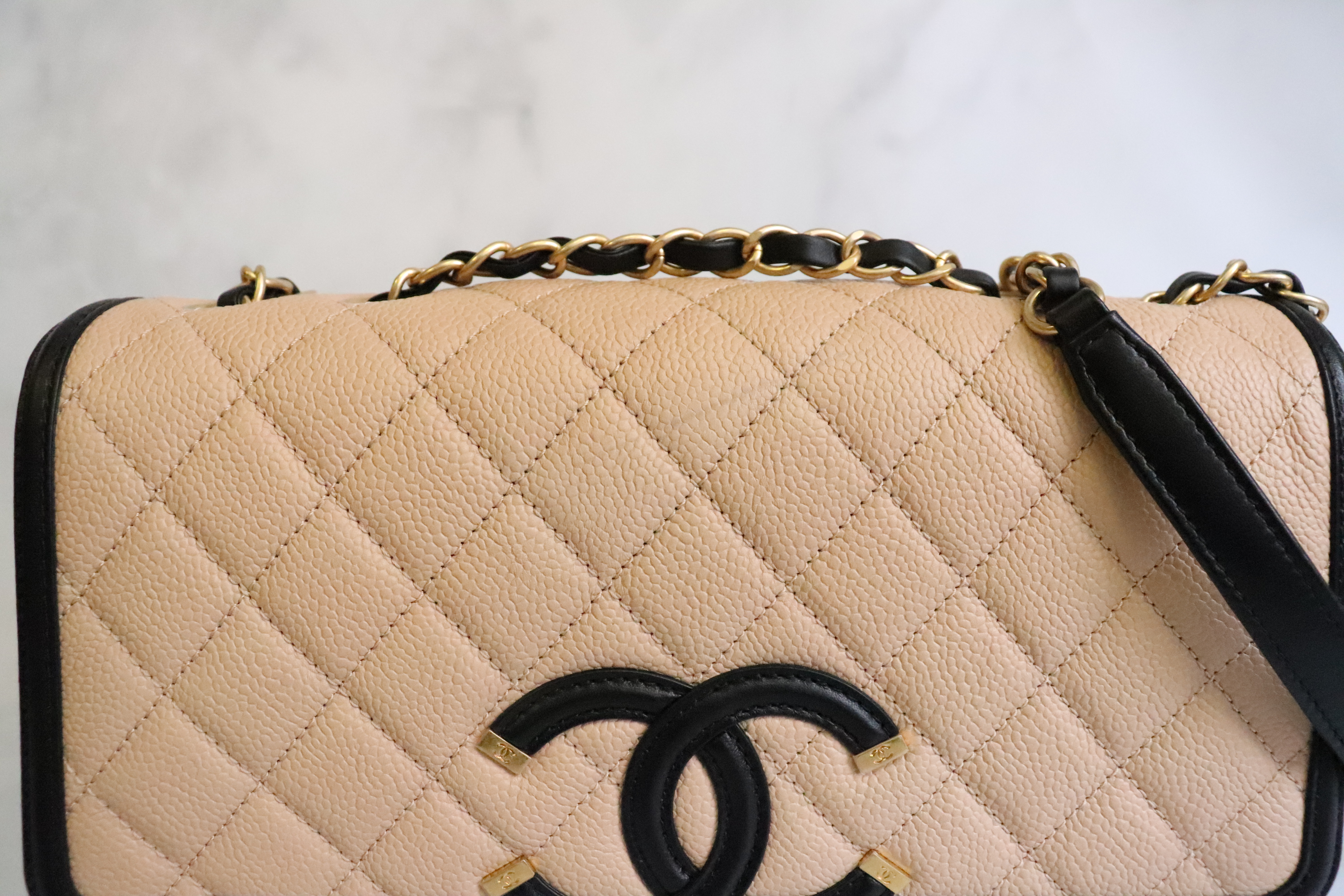 Chanel Filigree Medium Flap Bag, Beige Caviar Leather, Brushed