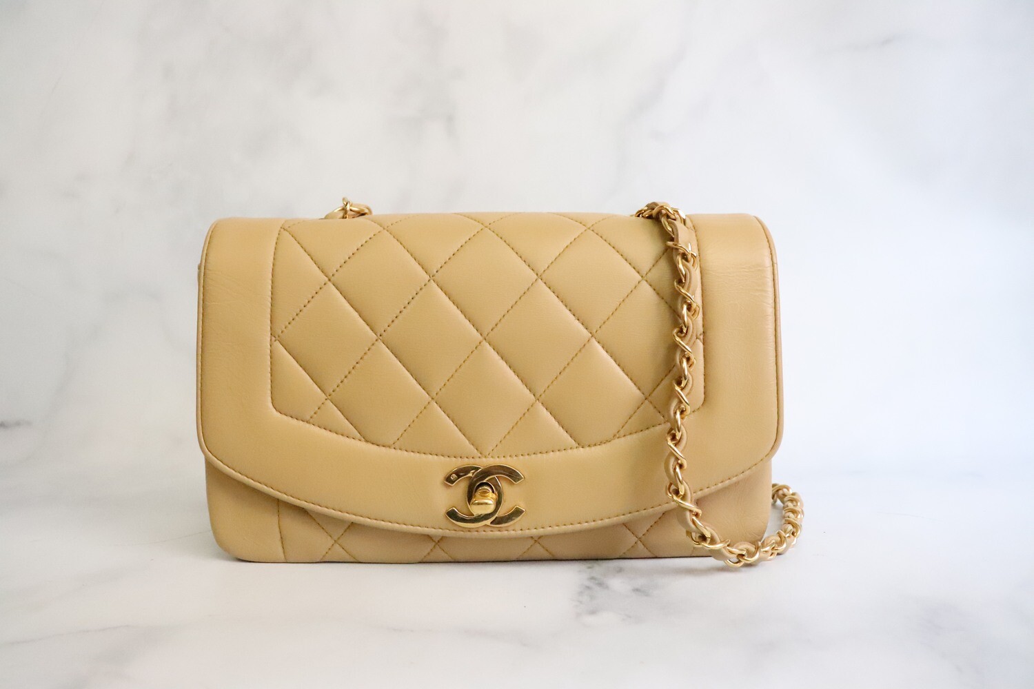 Chanel Vintage Diana Small Beige Lambskin Leather Gold Plated Hardware Preowned in Dustbag