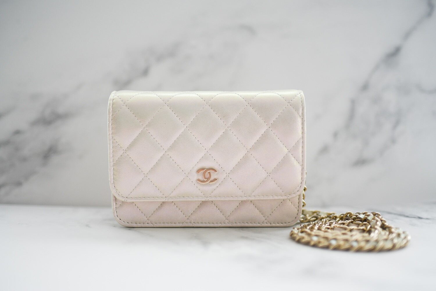 Chanel Wallet on Chain Mini, White Iridescent Lambskin Leather, Gold  Hardware, New in Box GA002