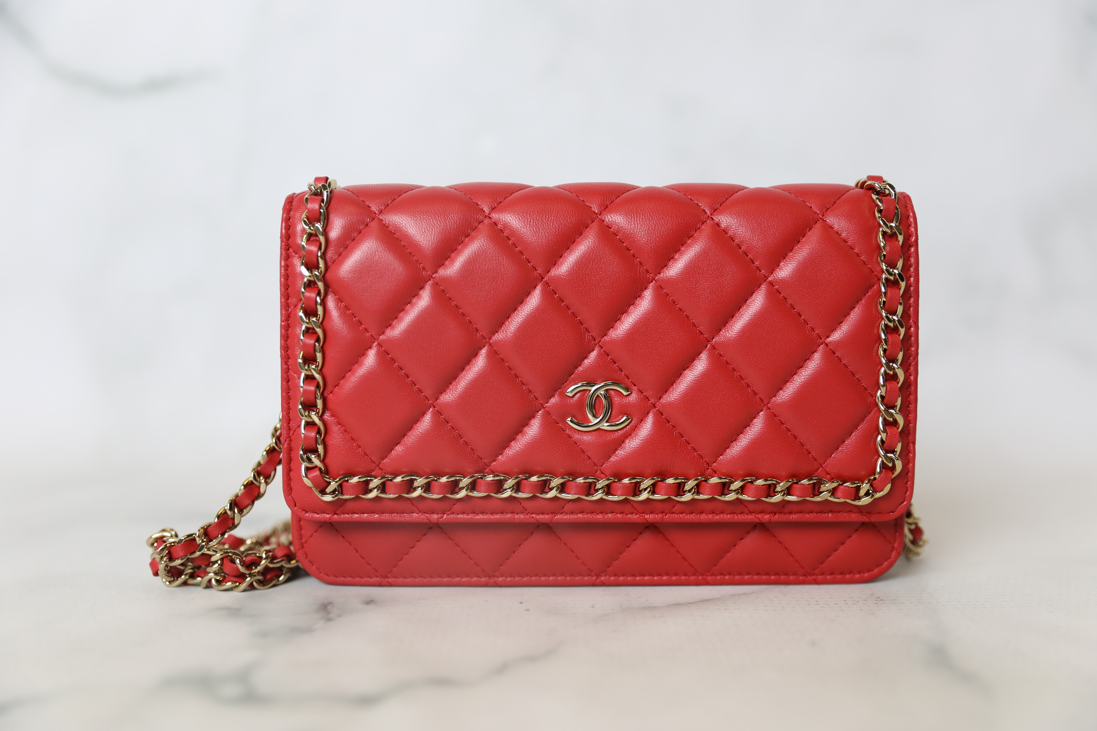 Chanel Chain Around Wallet on Chain, Red Lambskin with Gold Hardware,  Preowned in Box (Like New) WA001