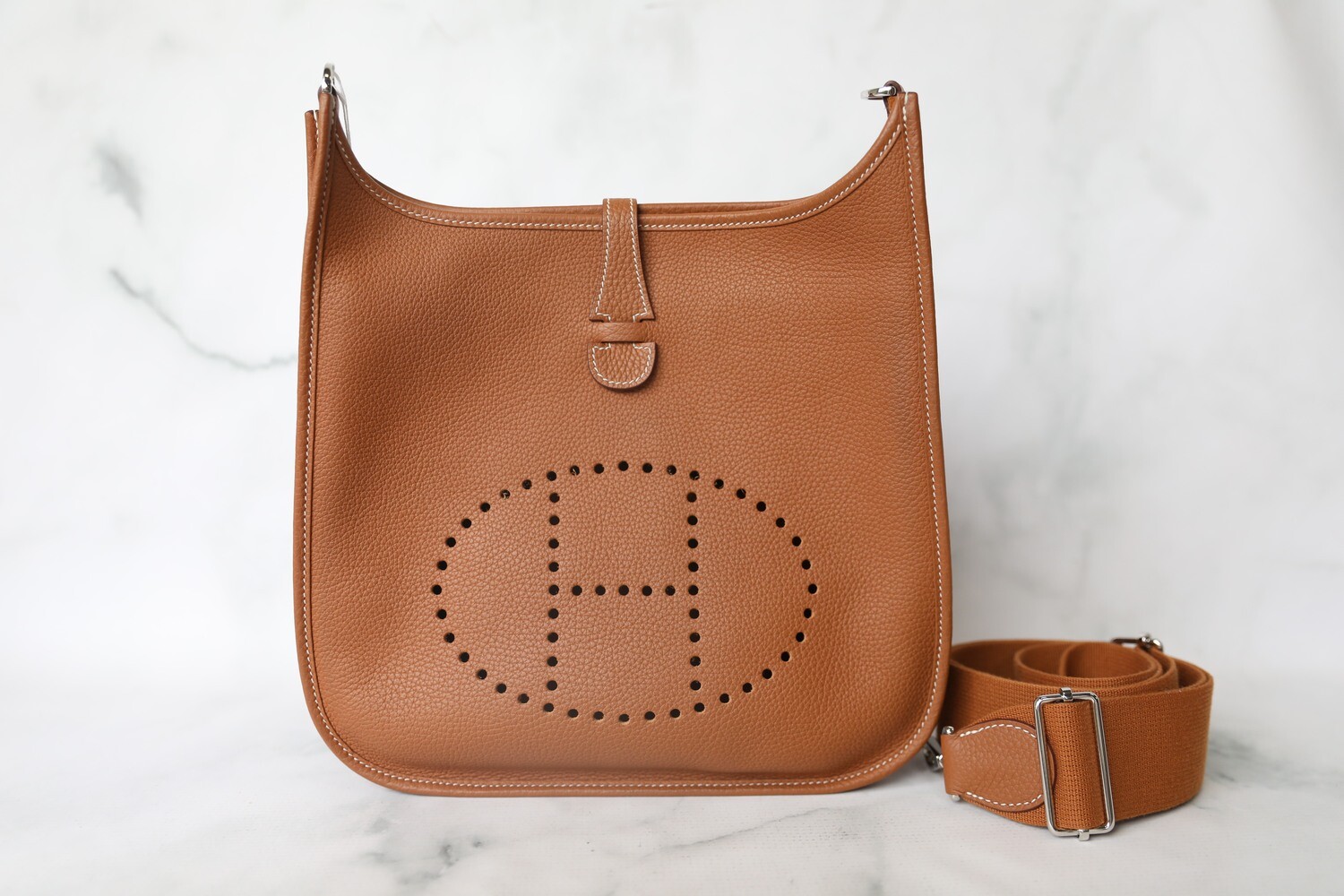 Hermes Evelyne PM, Gold Tan Leather with Palladium Hardware, Preowned in Box WA001