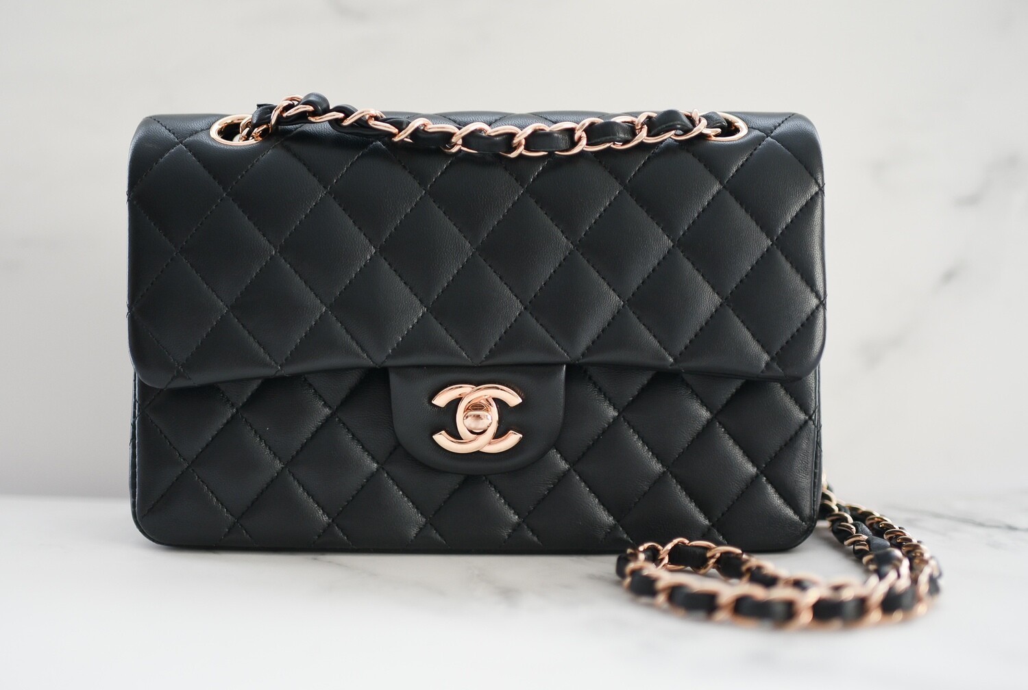 Chanel Classic Small Double Flap, Black Lambskin Leather with Rose Gold Hardware, Preowned in Box GA002