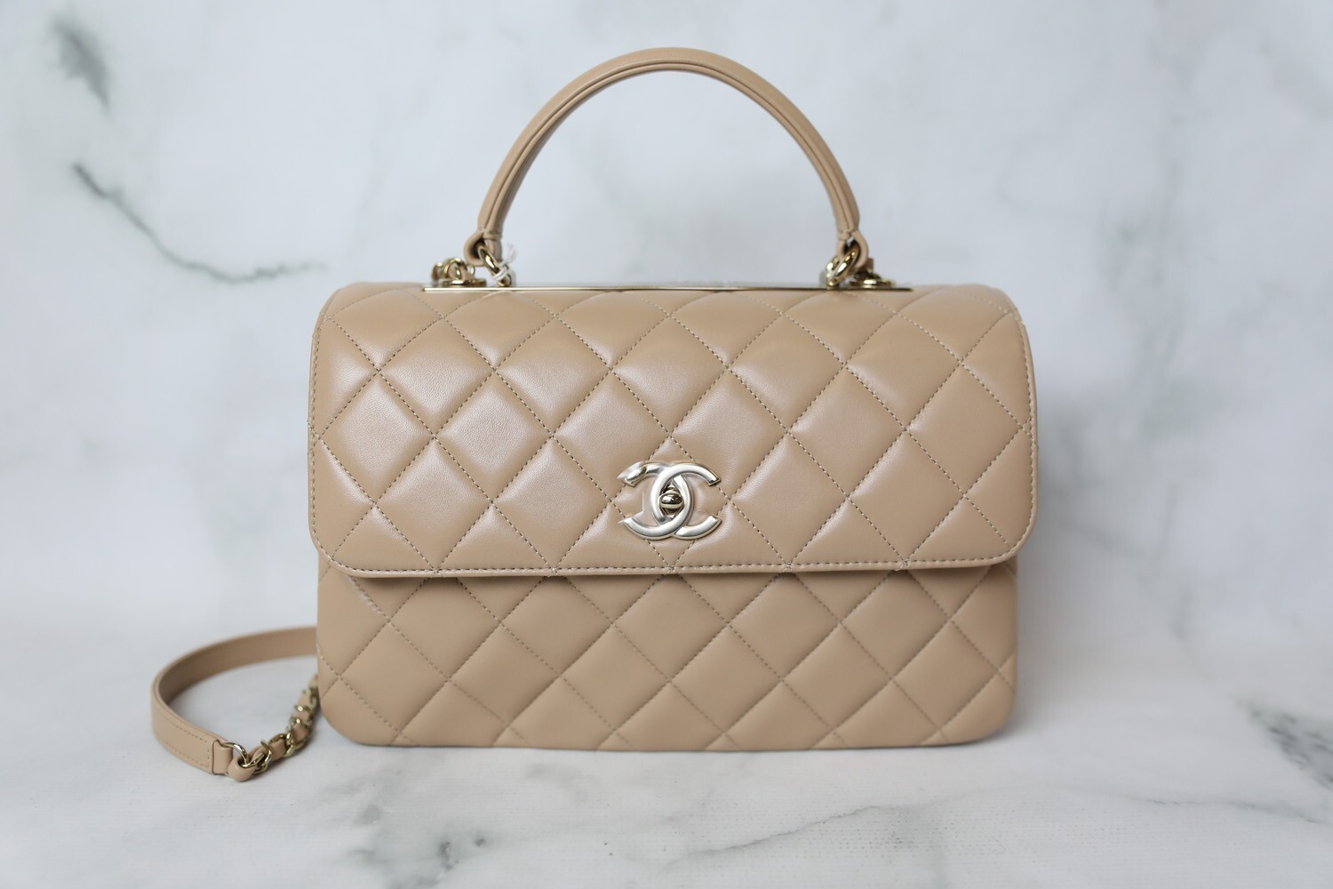 Chanel Trendy Medium, Beige Lambskin with Gold Hardware, New in