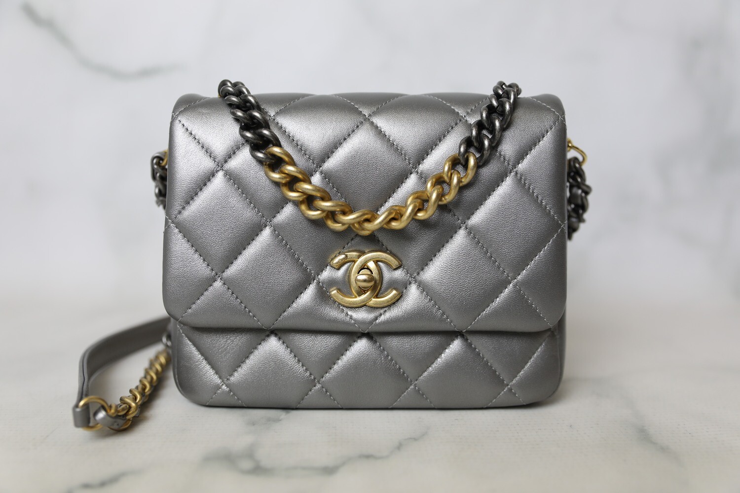 Chanel Side Note Small Flap, Grey with Gold Hardware, Preowned in Box WA001