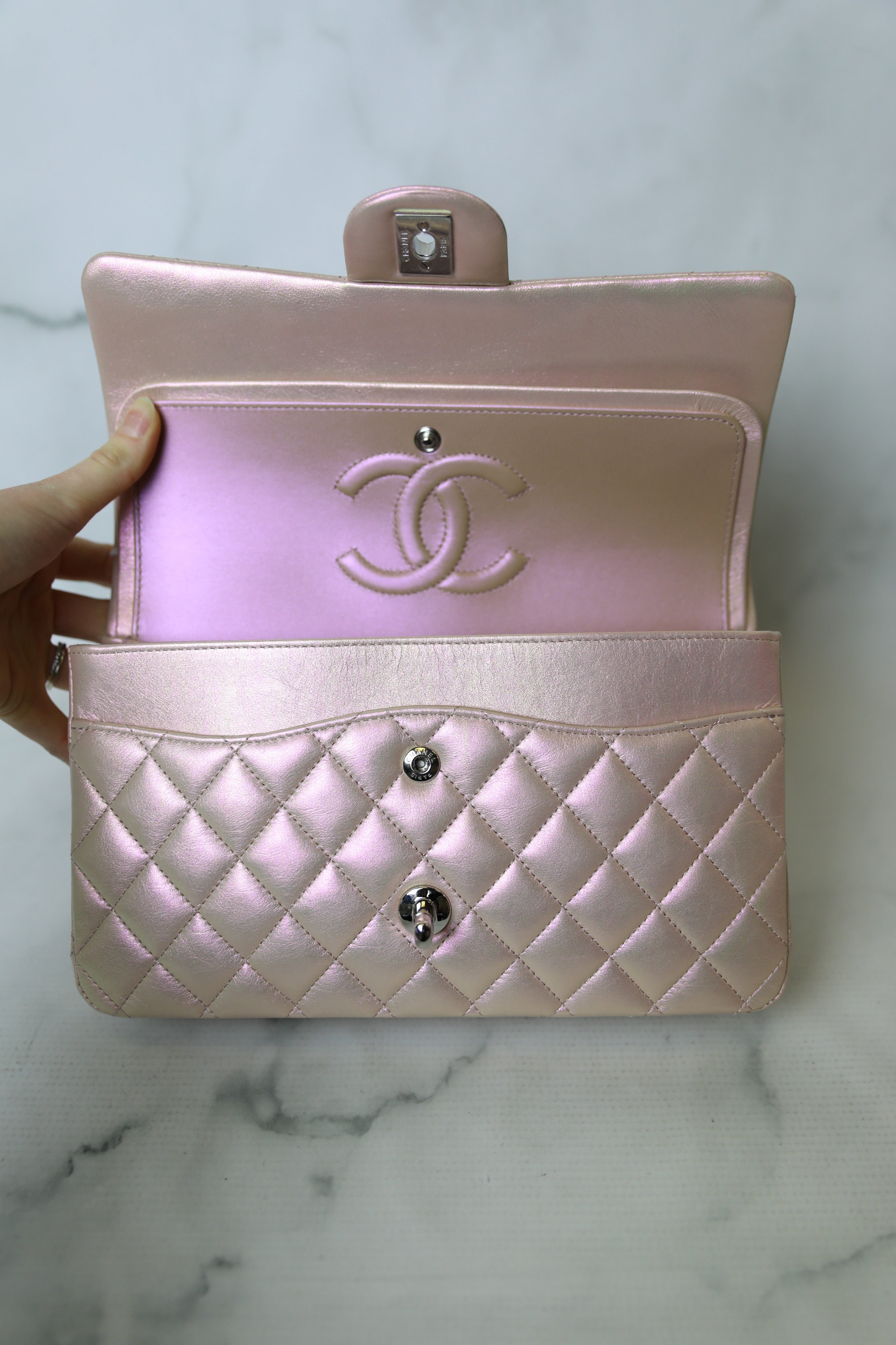 Chanel Classic Medium, Iridescent Pink Calfskin With Silver Hardware, As New  in Box WA001 - Julia Rose Boston