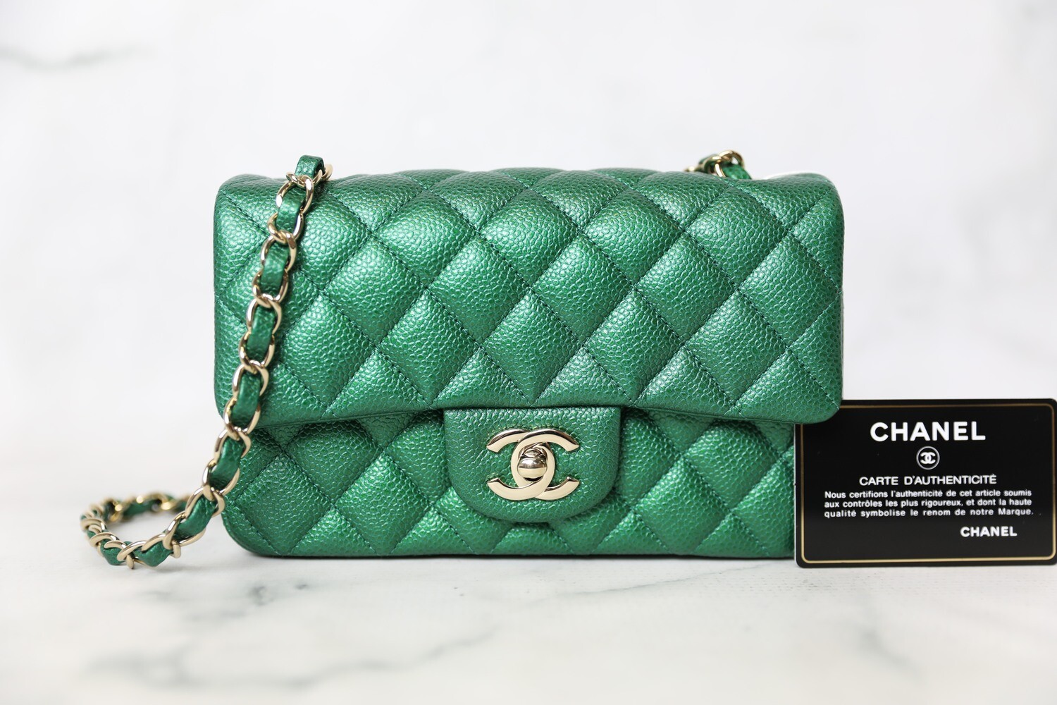 Chanel Classic Mini Rectangular, 18S Emerald Green Caviar with Gold  Hardware, Preowned in Box WA001