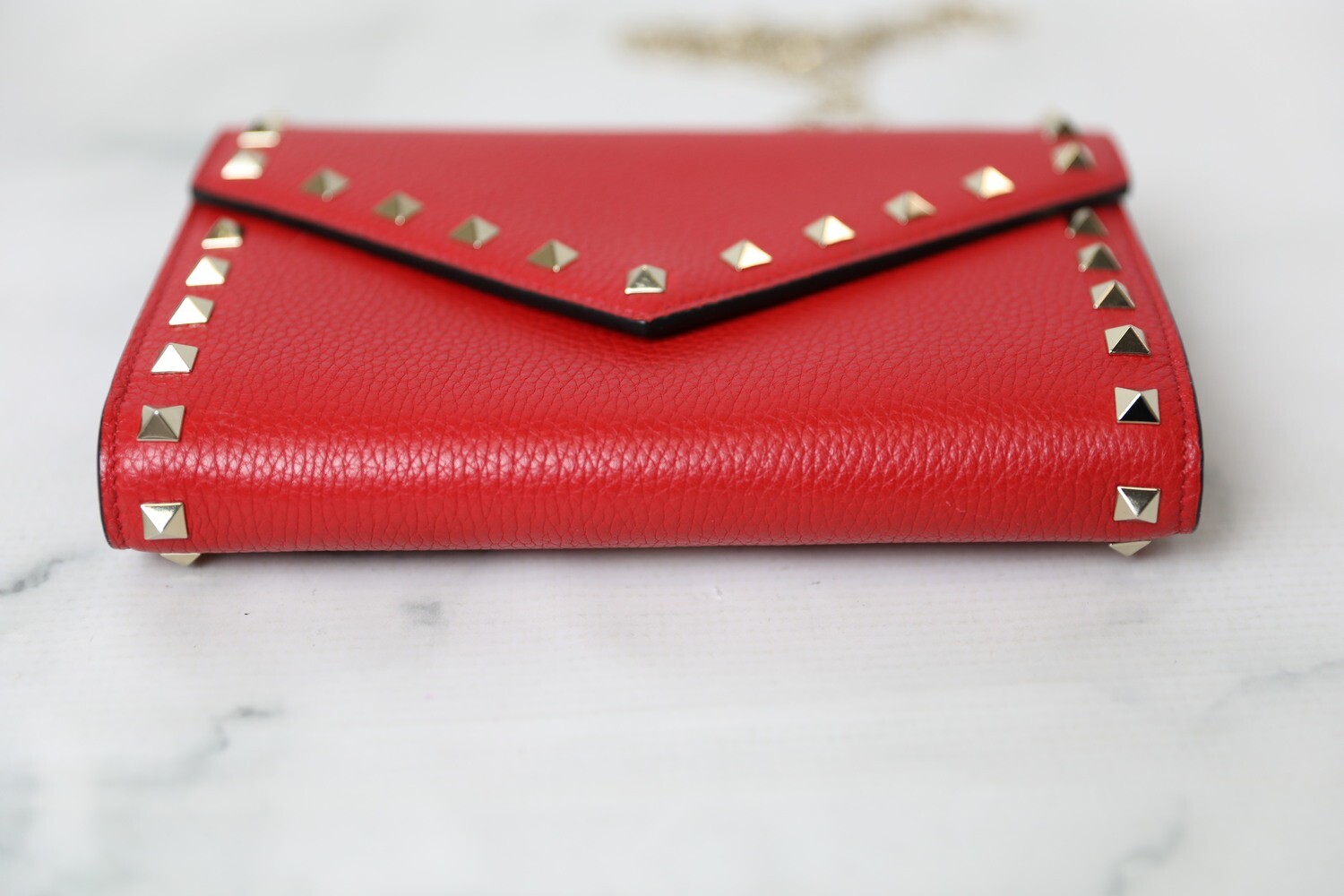 Valentino Rockstud Envelope Wallet on Chain, Red, Preowned in Box WA001