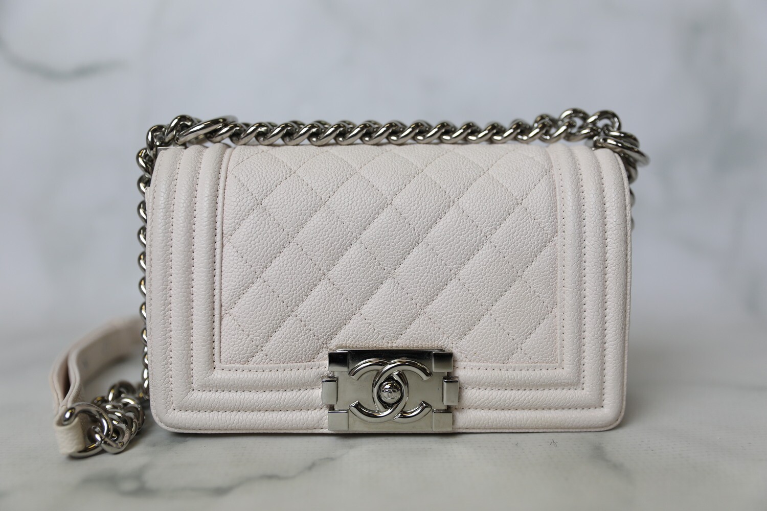 Chanel Boy Small White Pink Caviar with Silver Hardware Preowned in Box WA001