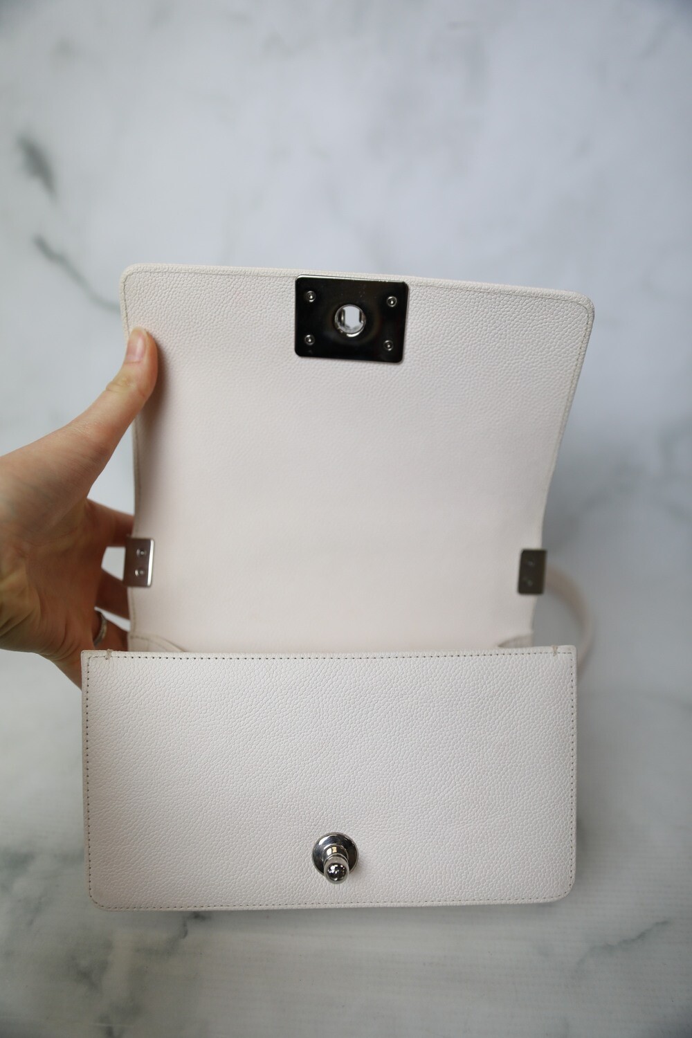 Chanel Boy Small, White Pink Caviar with Silver Hardware
