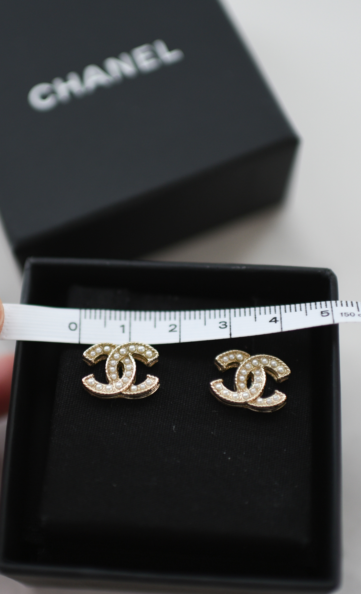 Authentic Chanel CC A12A Gold Hardware GHW Pearl Logo Earrings box