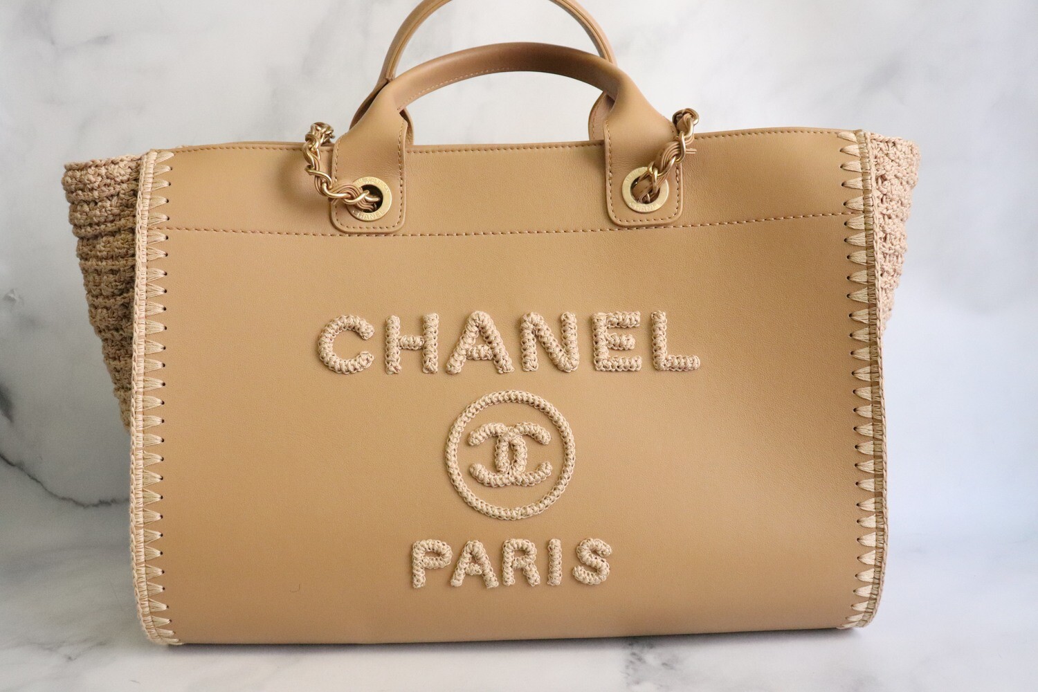 Chanel Deauville Large, Beige Leather with Woven Detail, As New in Dustbag