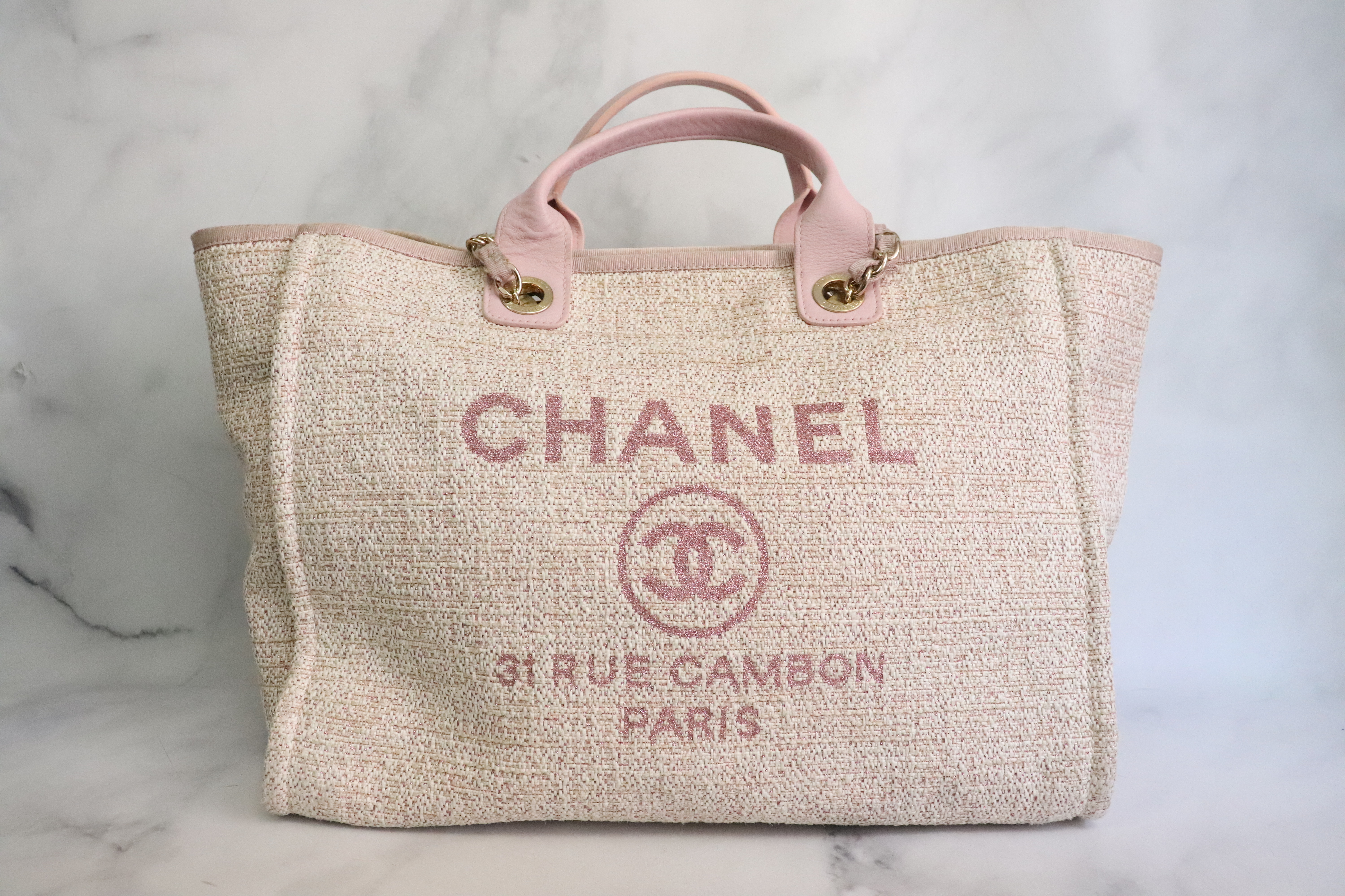 CHANEL 22B Sakura Pink Deauville Tote Tweed Small Shopping Bag Gold HW w/  Pouch