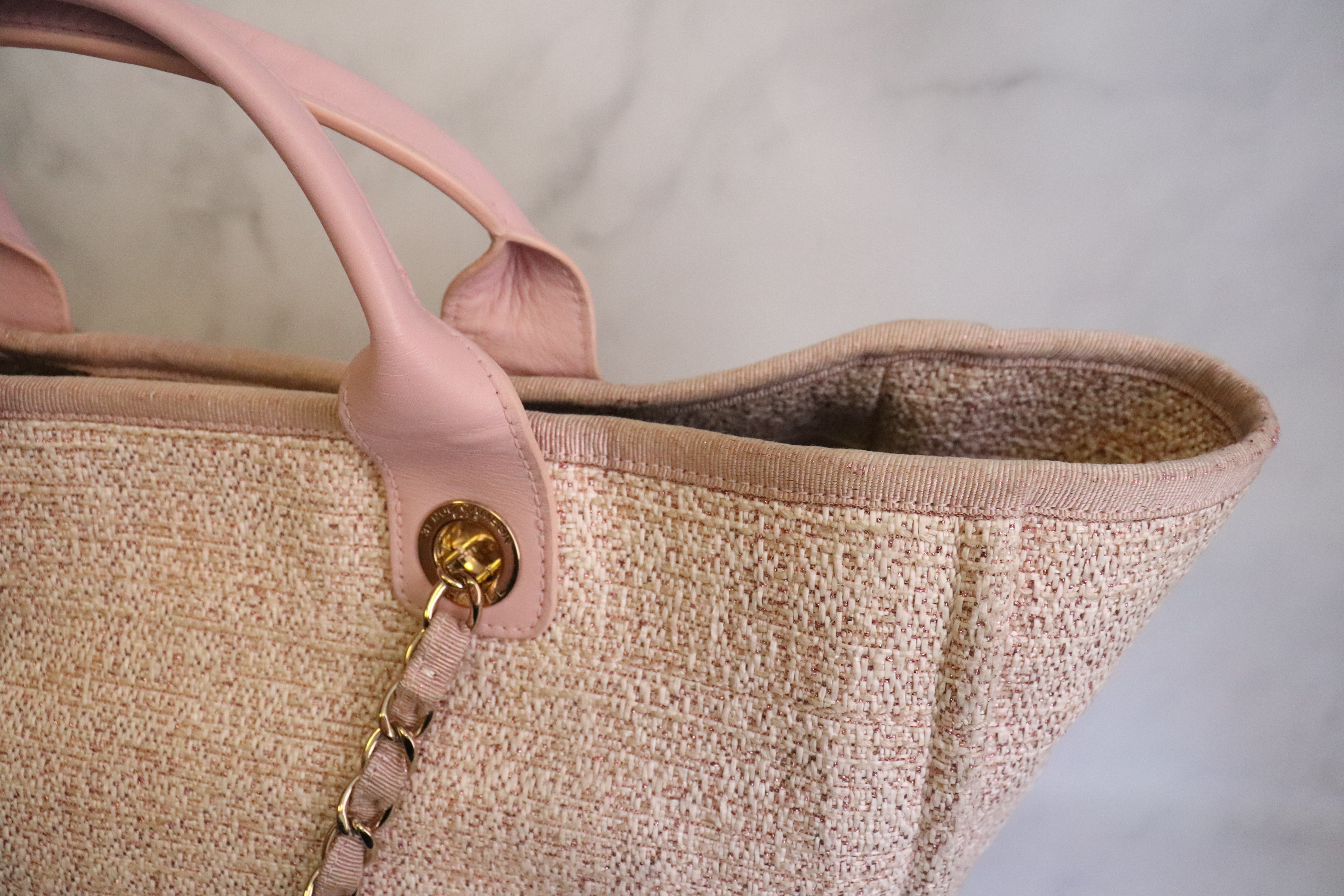 Chanel Deauville Tote Bag, Large, Pink Tweed, Shiny Gold Hardware