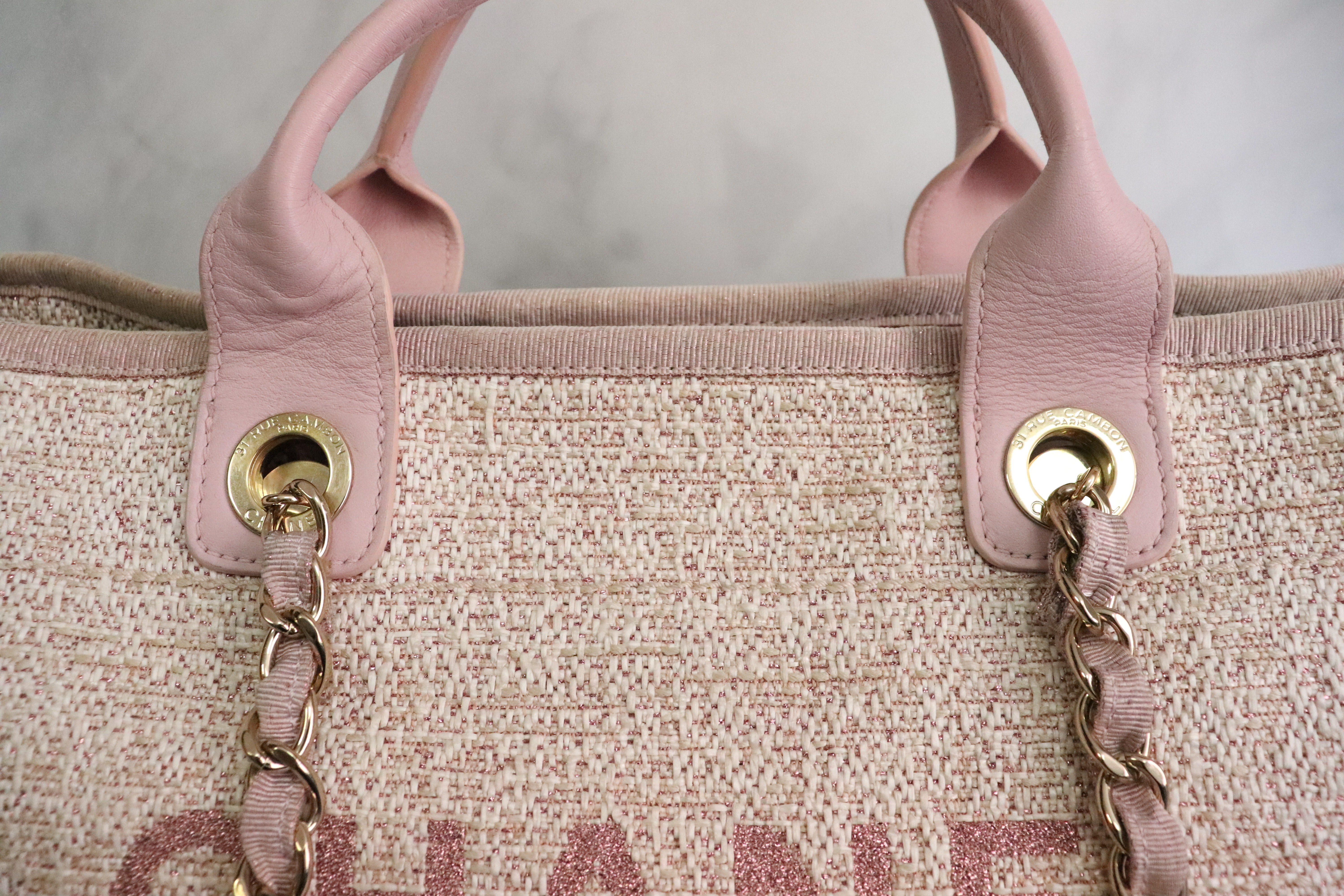 Chanel Deauville Tote Bag, Large, Pink Tweed, Shiny Gold Hardware