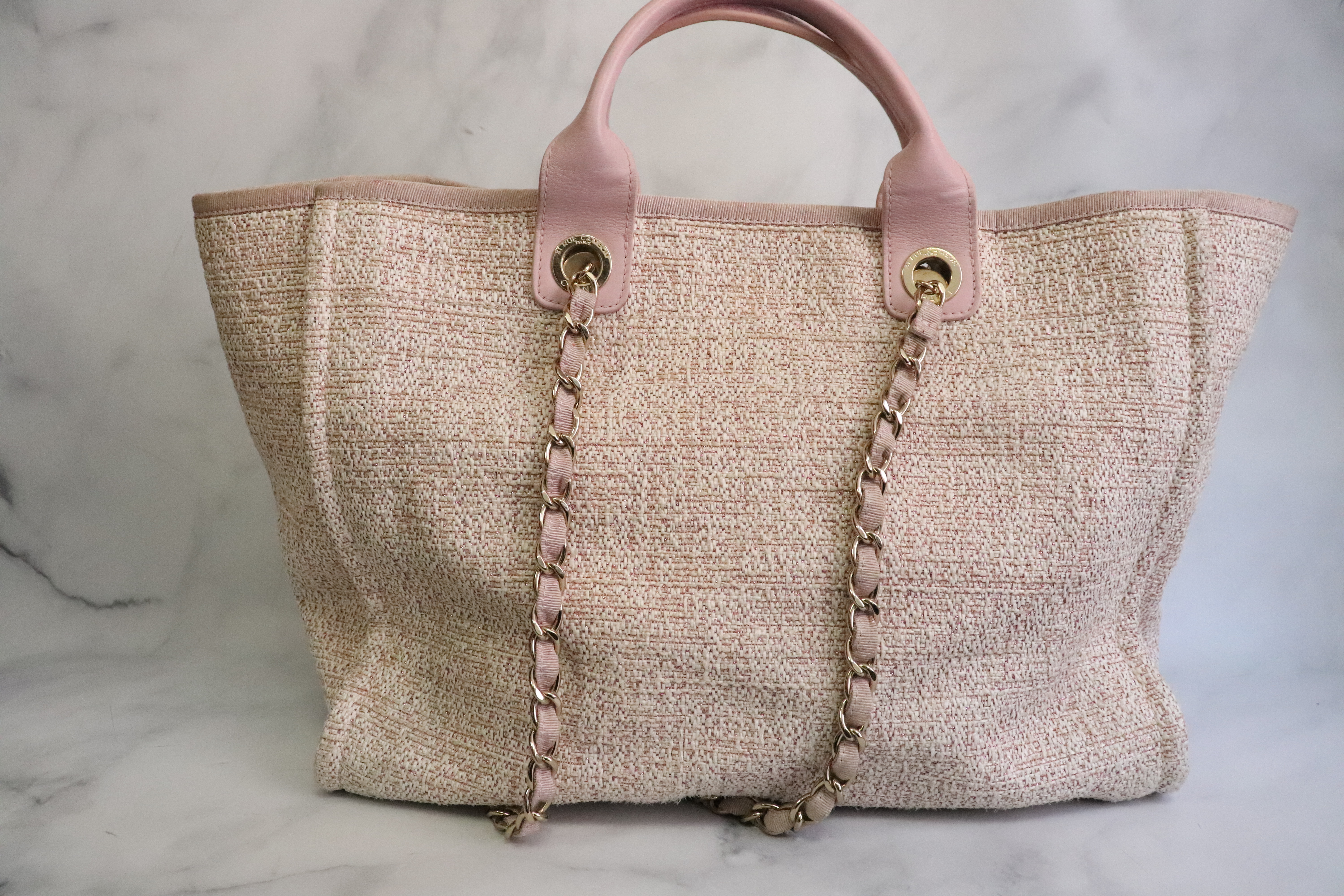 Chanel Deauville Tote Bag, Large, Pink Tweed, Shiny Gold Hardware