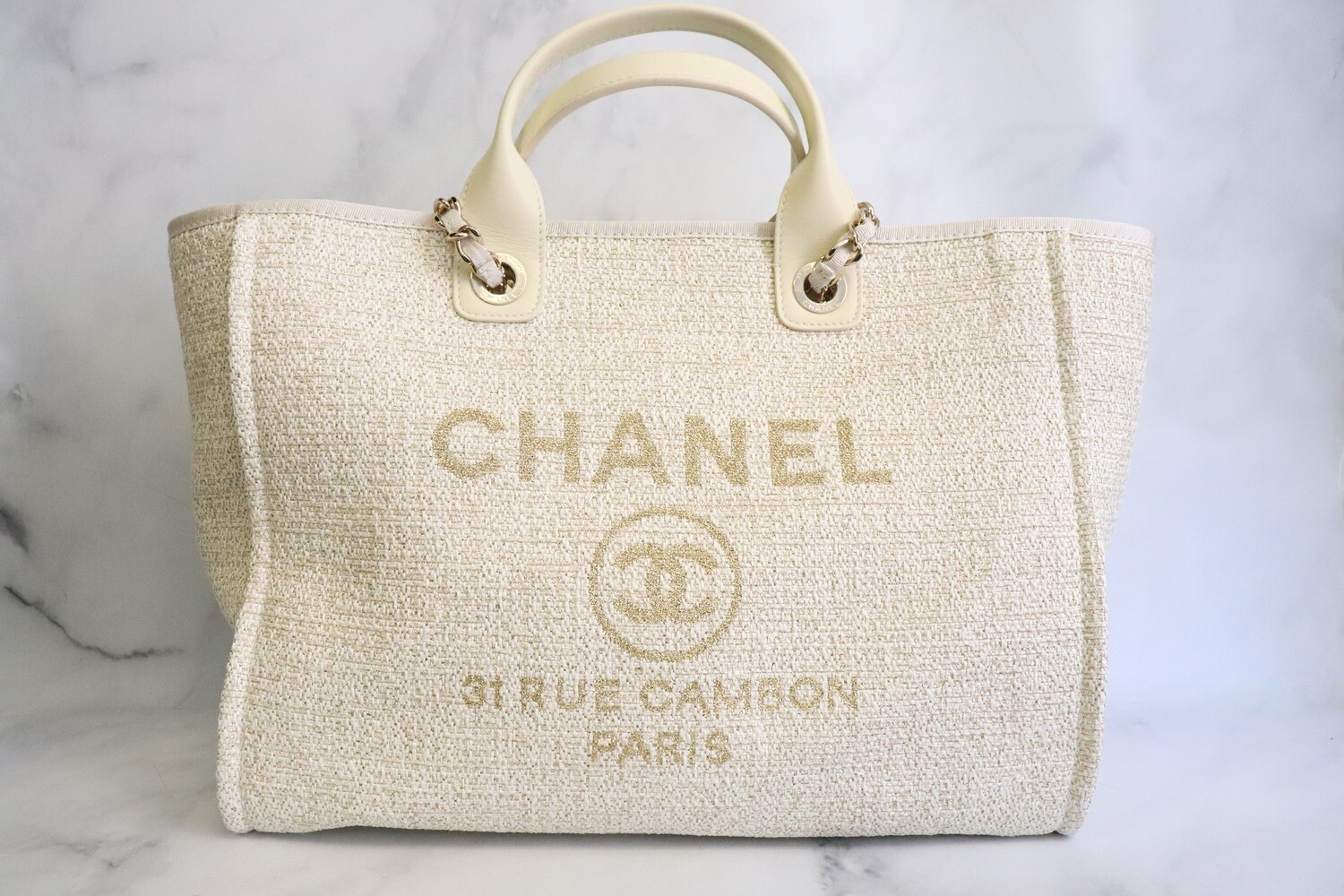 Chanel Deauville Large, Beige and Ivory Tweed, Gold Hardware, Preowned -  No Dustbag