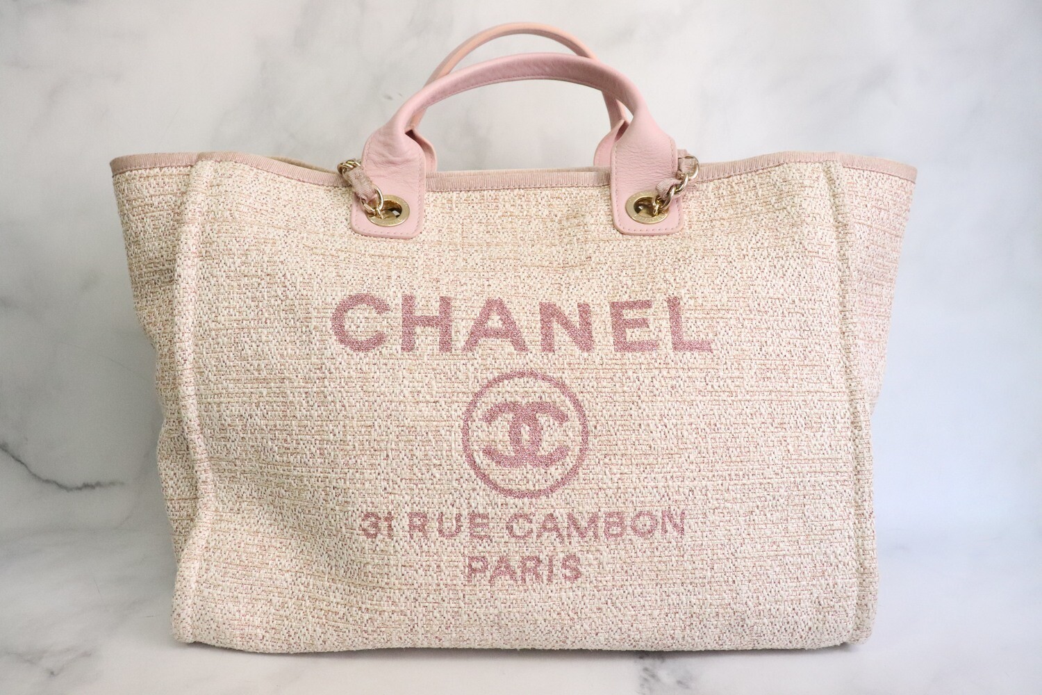 Chanel Deauville Tote Bag, Large, Pink Tweed, Shiny Gold Hardware, Preowned - No Dustbag