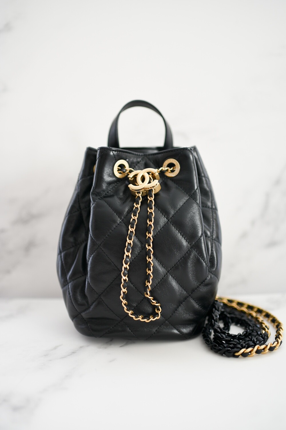 Chanel Drawstring Mini Backpack, Black Lambskin Leather with Gold and So  Black Hardware, As New in Box