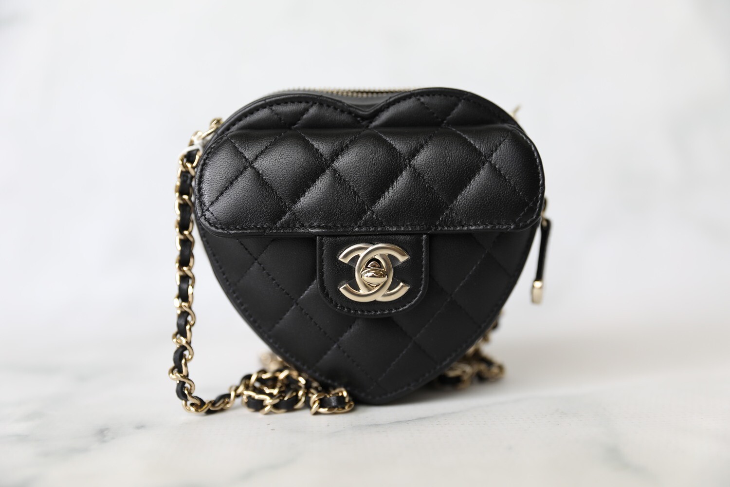 Chanel Heart Clutch With Chain, Black Lambskin Leather With Gold Hardware,  New In Box WA001