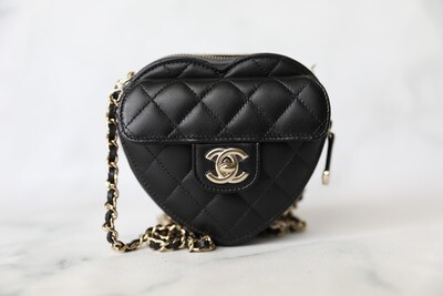 Chanel Heart Clutch With Chain, Black Lambskin Leather With Gold Hardware, New In Box GA001