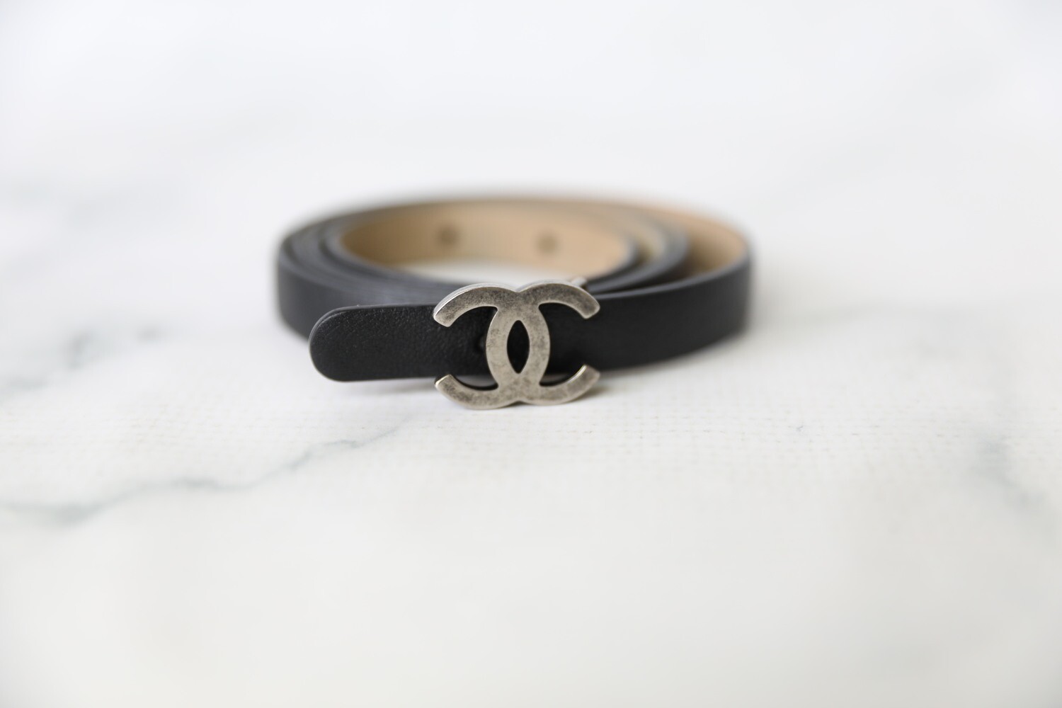 Chanel Belt Thin, Black Leather with Logo, Size 85, Preowned in Box WA001