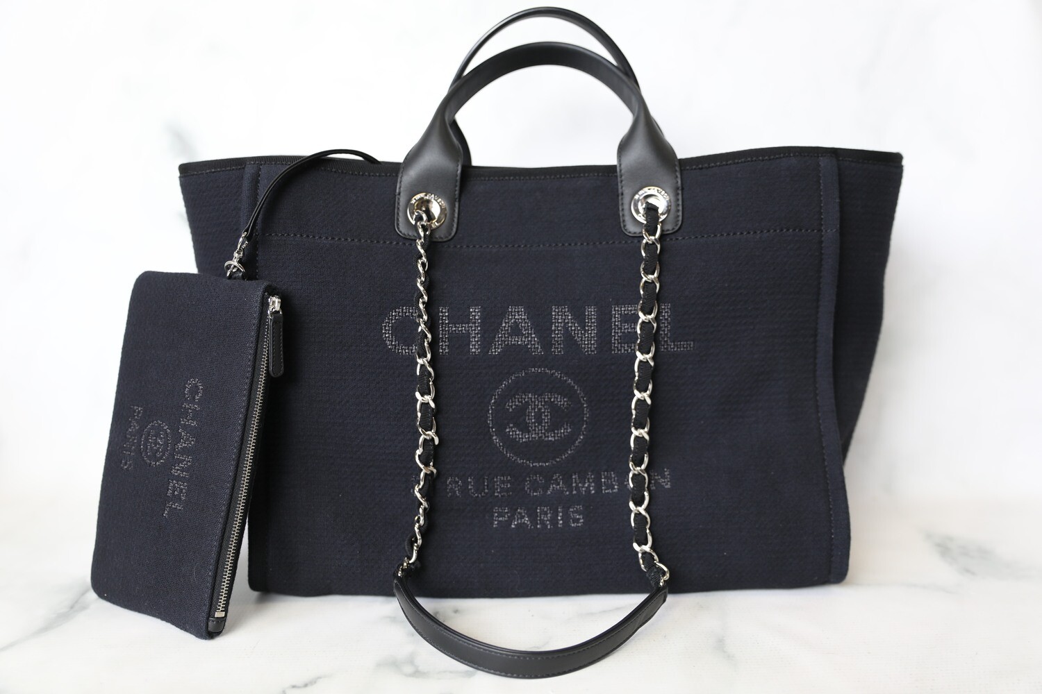 Chanel Deauville Tote Large, Black Canvas with Silver Hardware
