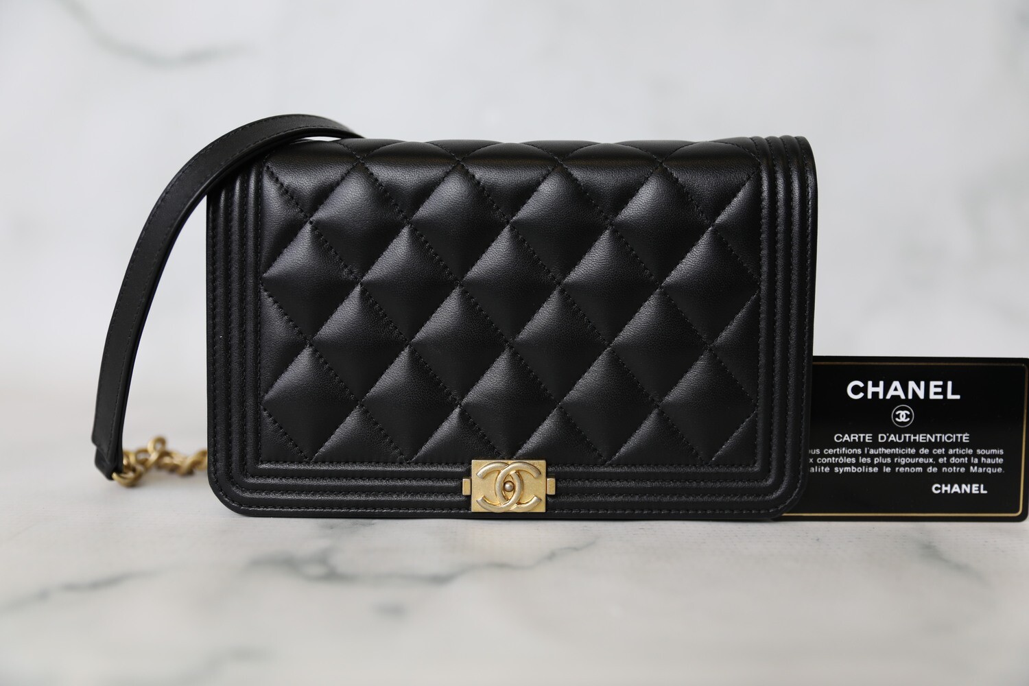 Chanel Boy Wallet on Chain, Black Lambskin with Gold Hardware, Preowned in Box WA001