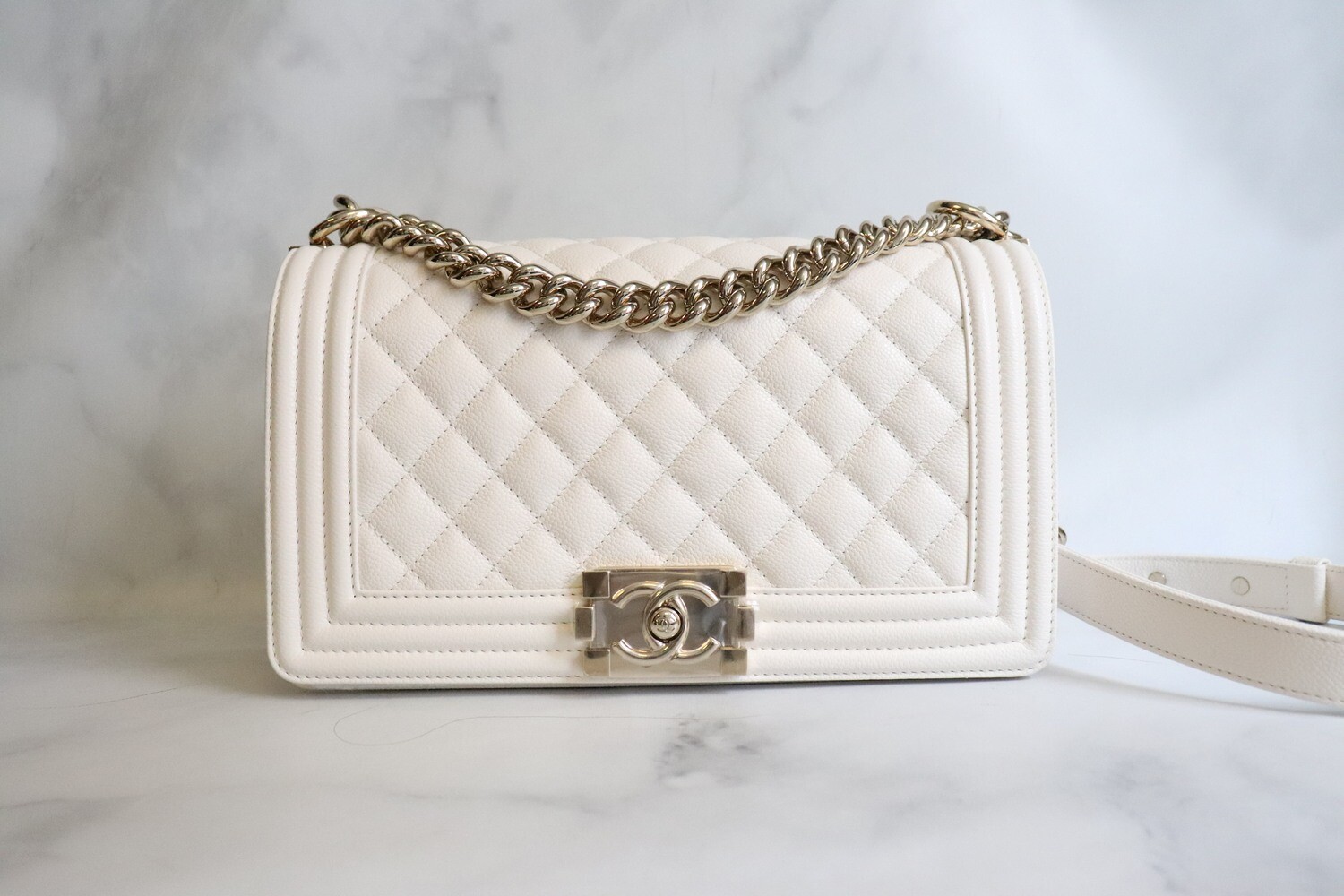 Chanel Boy Old Medium White Caviar Leather Shiny Gold Hardware New in Dustbag