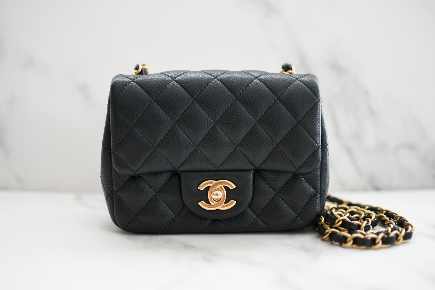 Chanel Classic Mini Square Caviar Black with Brushed Gold Hardware,  Preowned in Box GA002