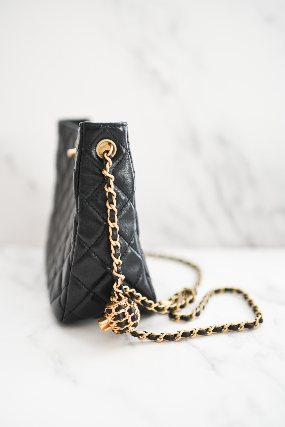 Chanel Pearl Crush Hobo Crossbody, Black Lambskin with Gold