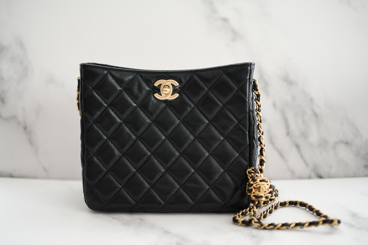 Chanel Pearl Crush Hobo Crossbody, Black Lambskin with Gold