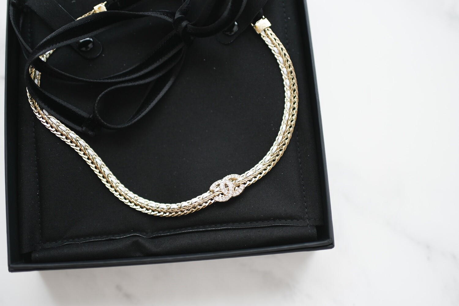Chanel Jewelry Headband/Necklace CC Choker with White Leather, Gold Tone,  New in Box