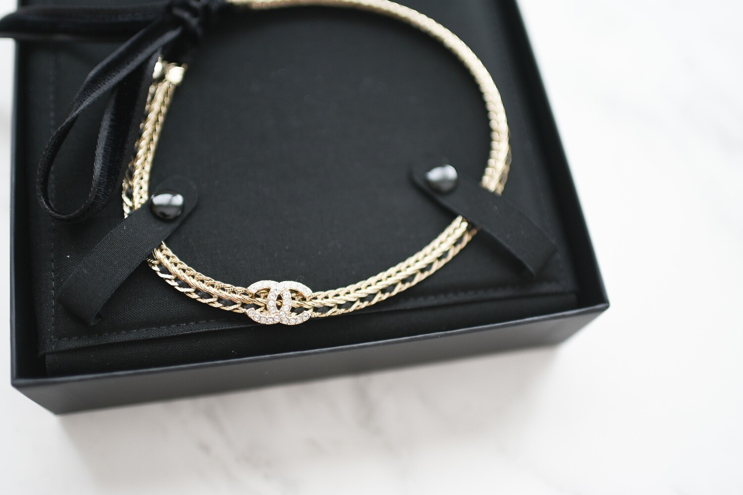Chanel Jewelry Headband/Necklace CC Choker with Black Leather, Gold Tone,  New in Box GA001