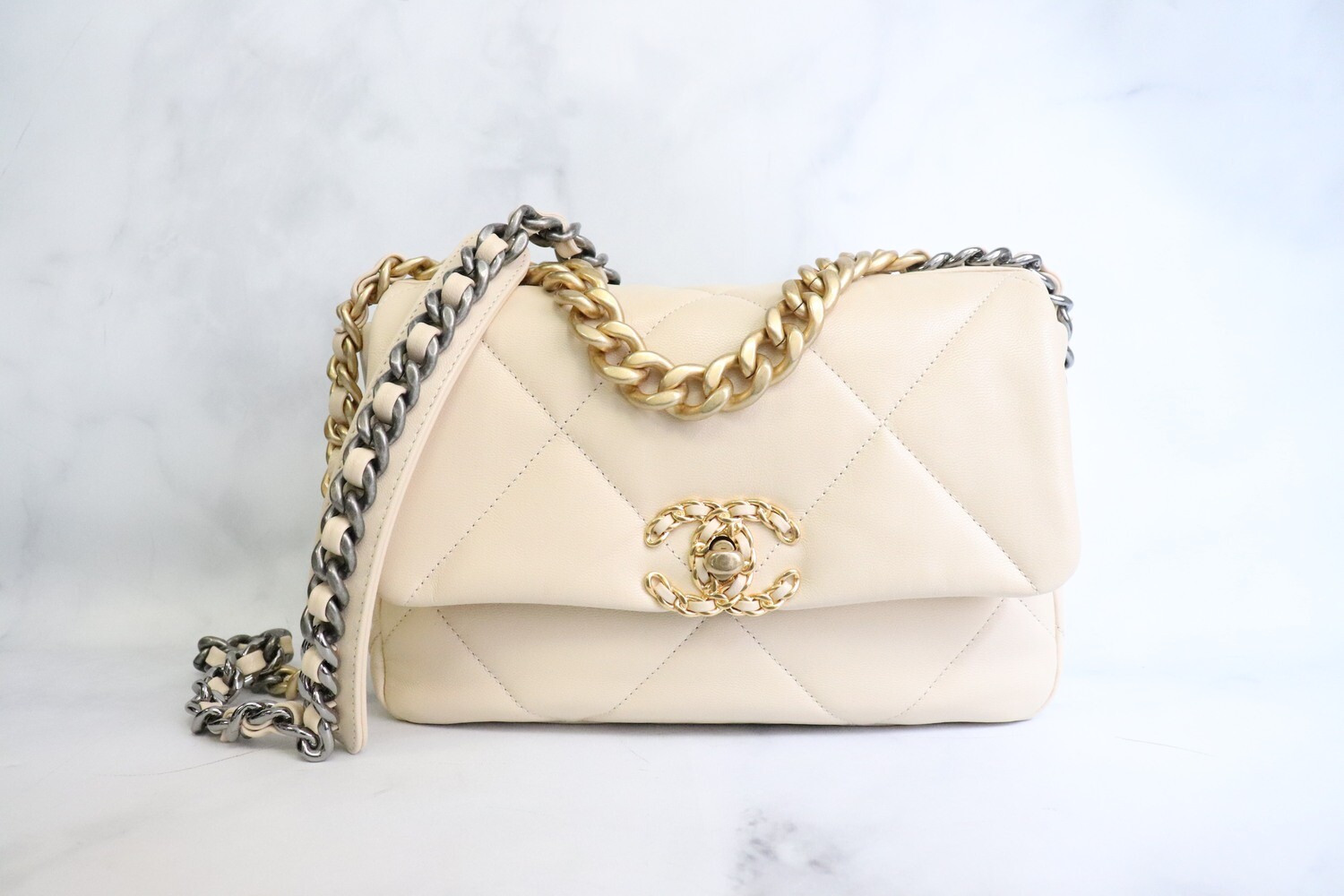 Chanel 19, Small, Beige Leather, Mixed Hardware, As New in Box