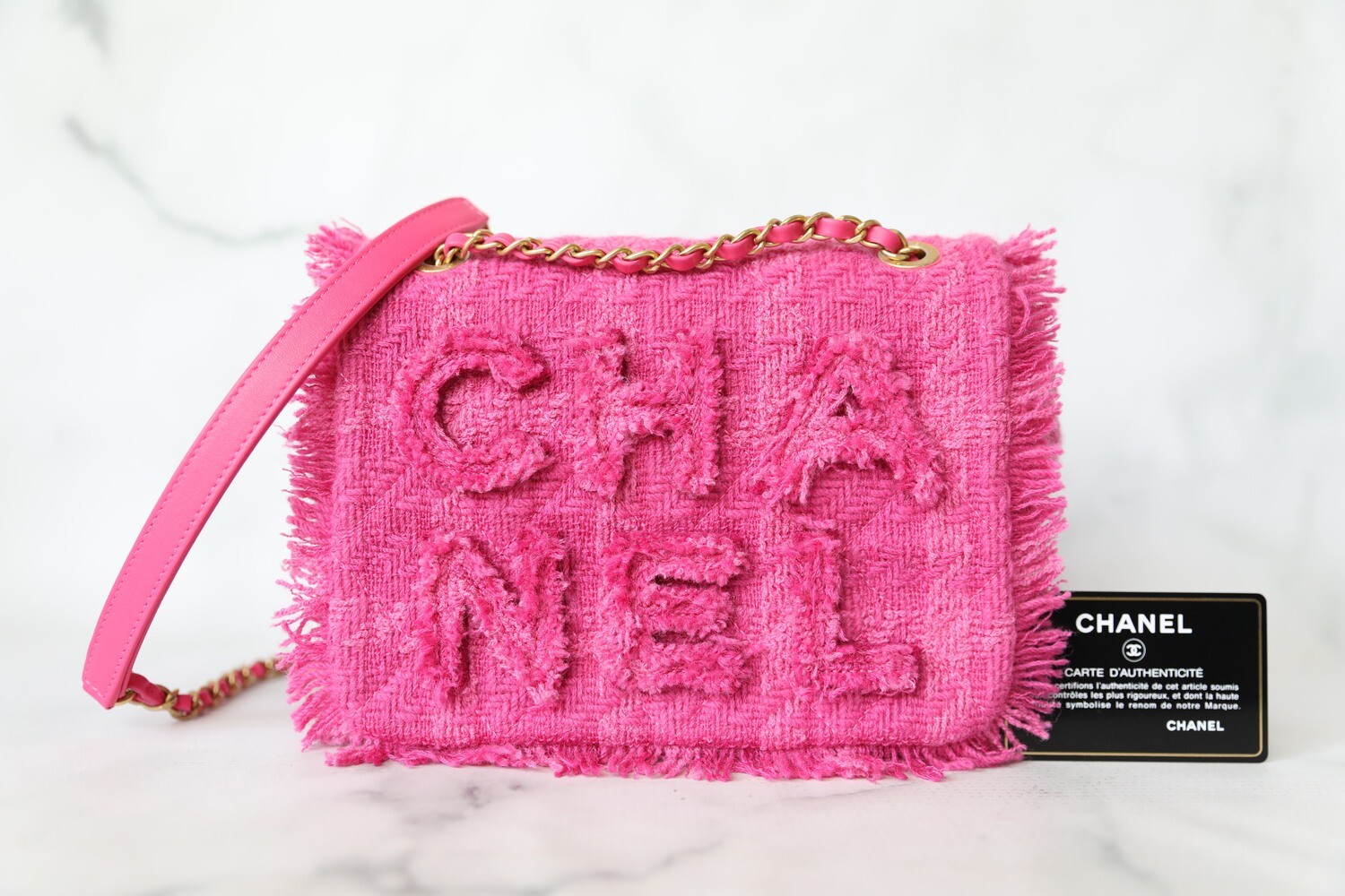 Chanel Giant Logo Fringe Flap, Pink Tweed with Gold Hardware, Preowned in  Dustbag WA001
