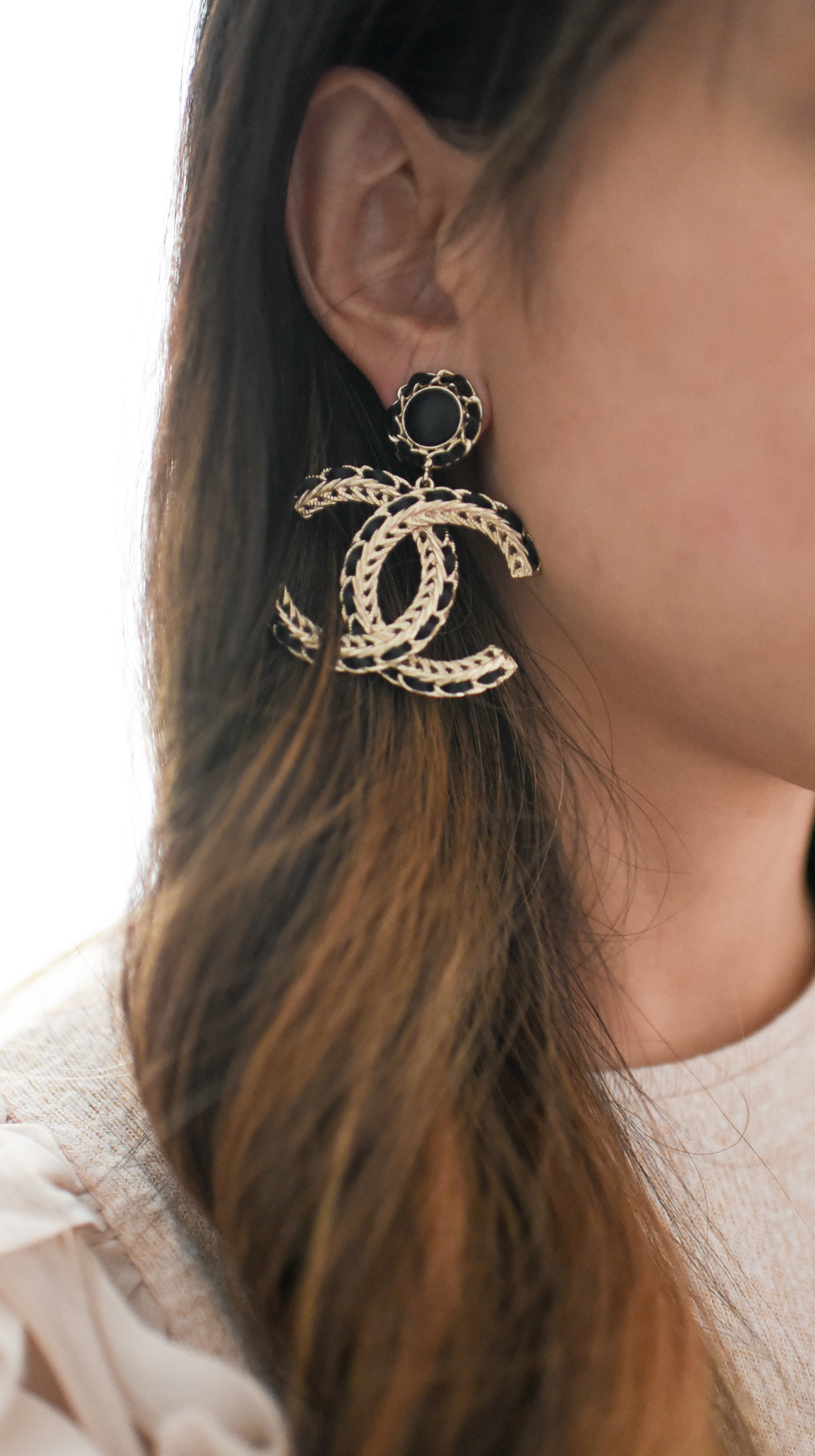 Chanel Black/Gold Leather and Chain Entwined CC Hoop Earrings - Yoogi's  Closet