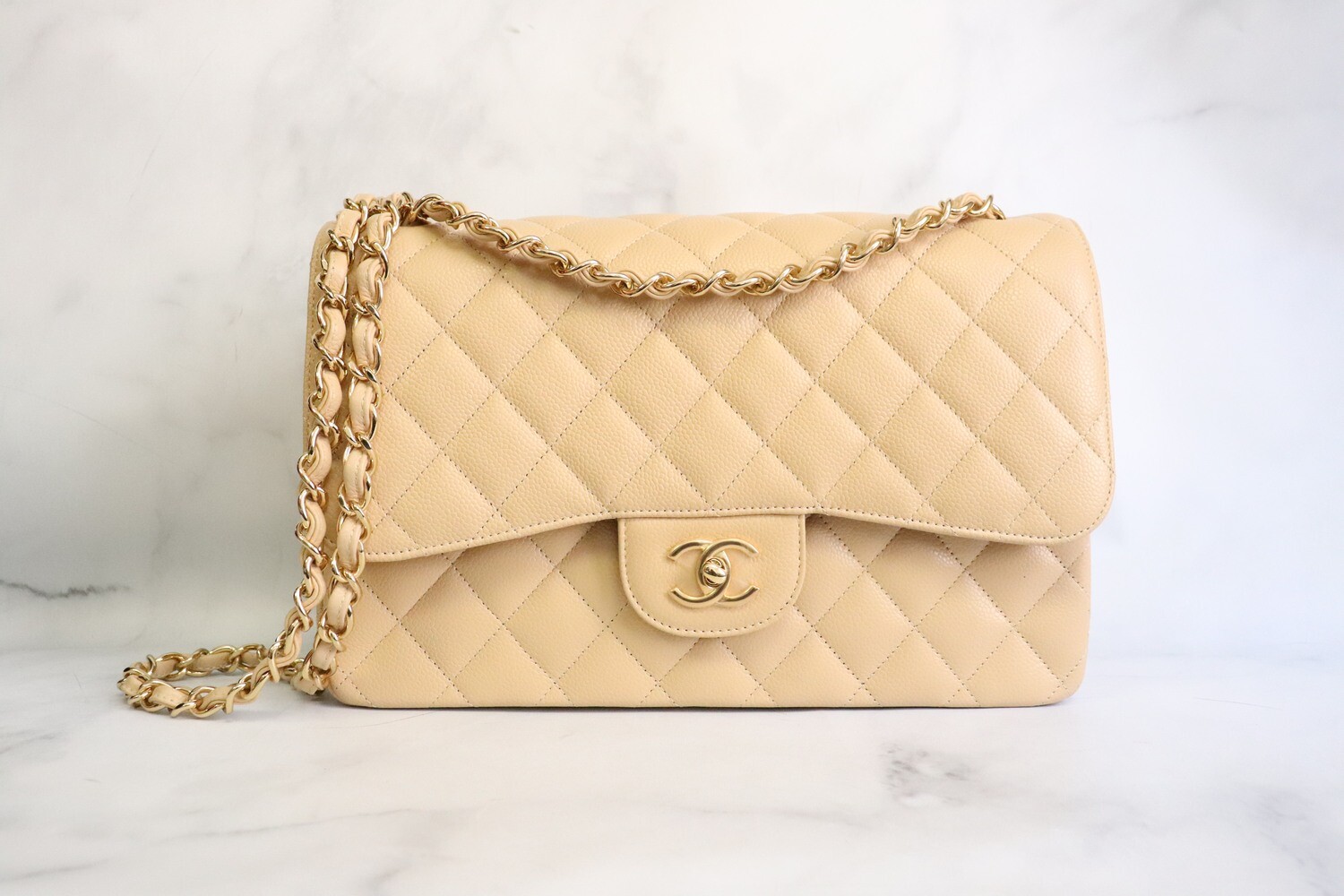 Chanel Classic Jumbo Double Flap, beige Clair Caviar Leather, Gold Hardware, As New in Box