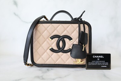 Chanel Filigree Vanity Medium, Beige Caviar with Black Trim, Preowned in Box WA001