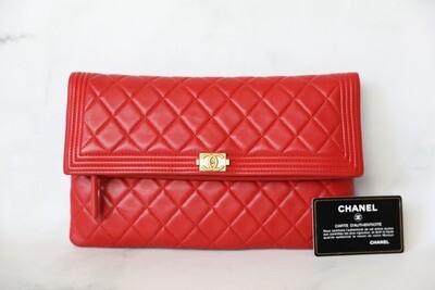 Chanel Boy Beauty CC Clutch, Red Lambskin with Gold Hardware, Preowned in Dustbag WA001