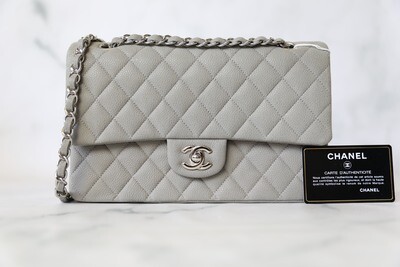 Chanel Classic Medium, Grey Caviar Suede with Silver Hardware, Preowned in Dustbag WA001